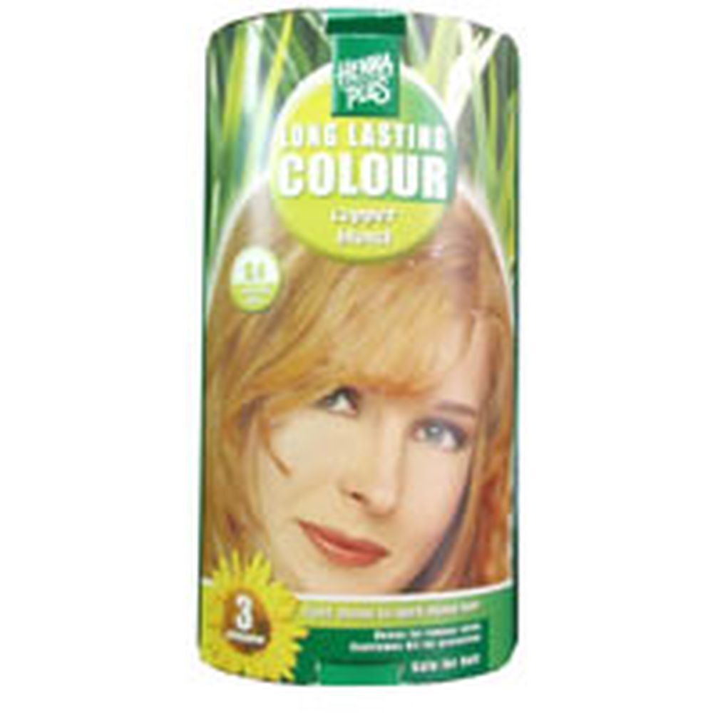 Hennaplus Blond Cuivré 8,4. Emballage avec visage de femme et informations produit. Design vert et jaune.