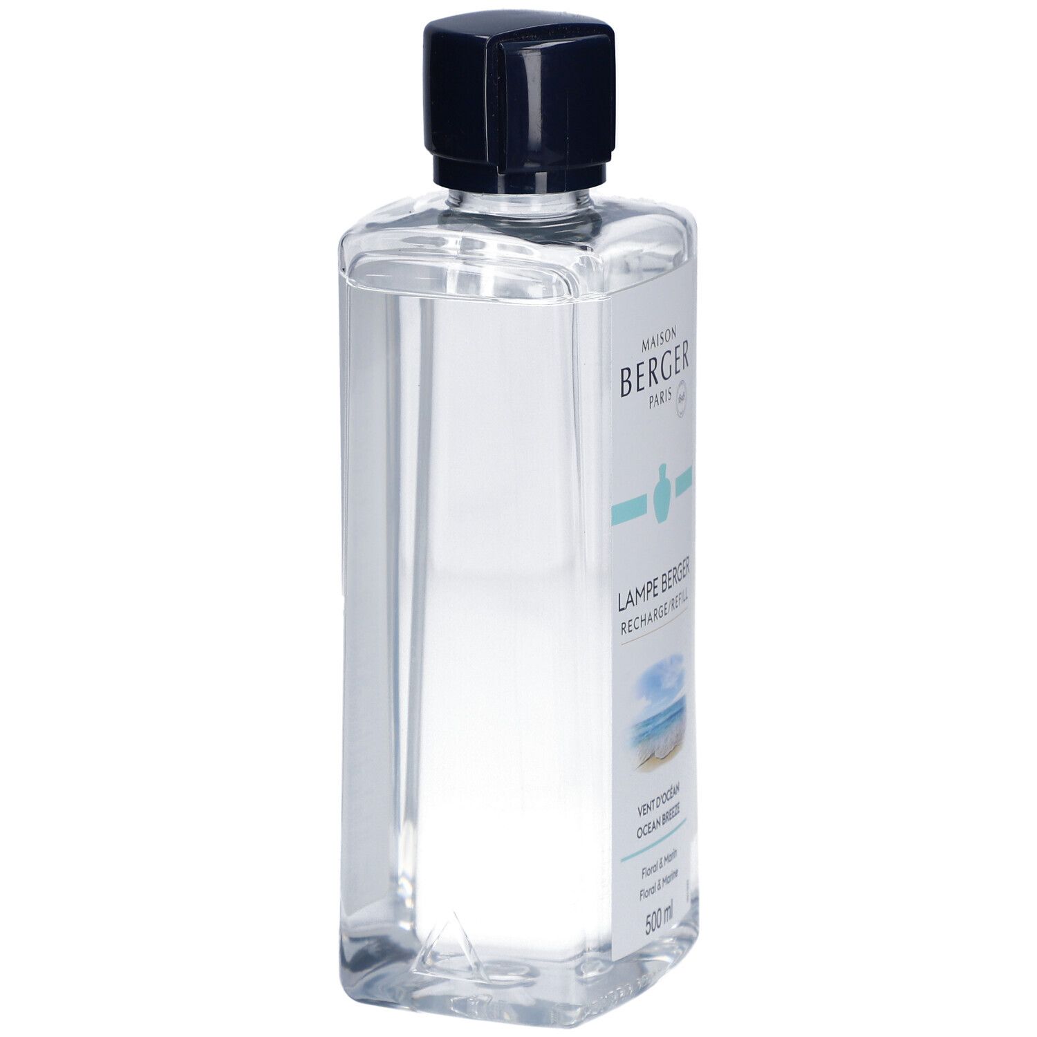 Bouteille rectangulaire avec liquide clair et bouchon noir. Inscription: Maison Berger Paris, Lampe Berger, Ocean Breeze.