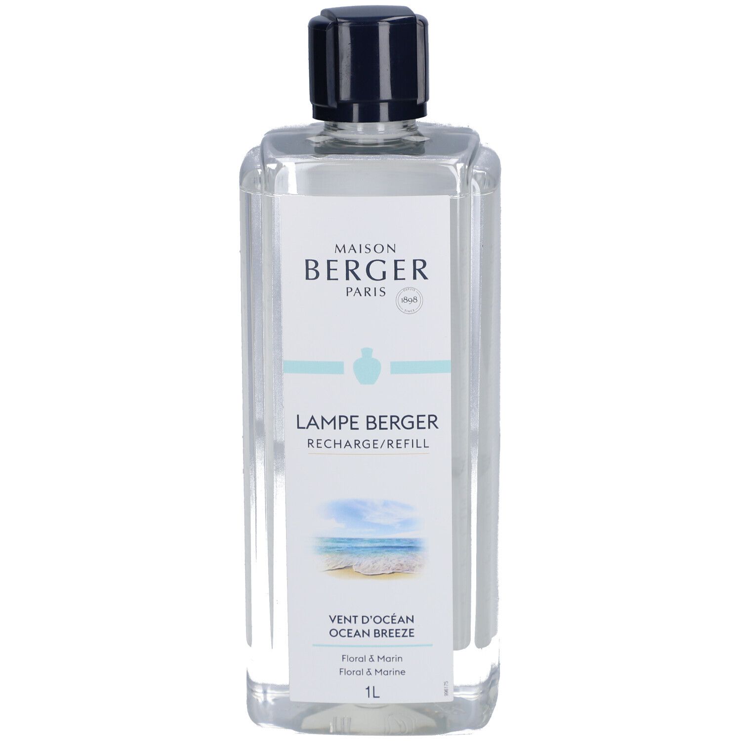 Flacon transparent avec étiquette. Maison Berger Paris, Lampe Berger, Vent d'Océan. Bouchon noir. 1L.