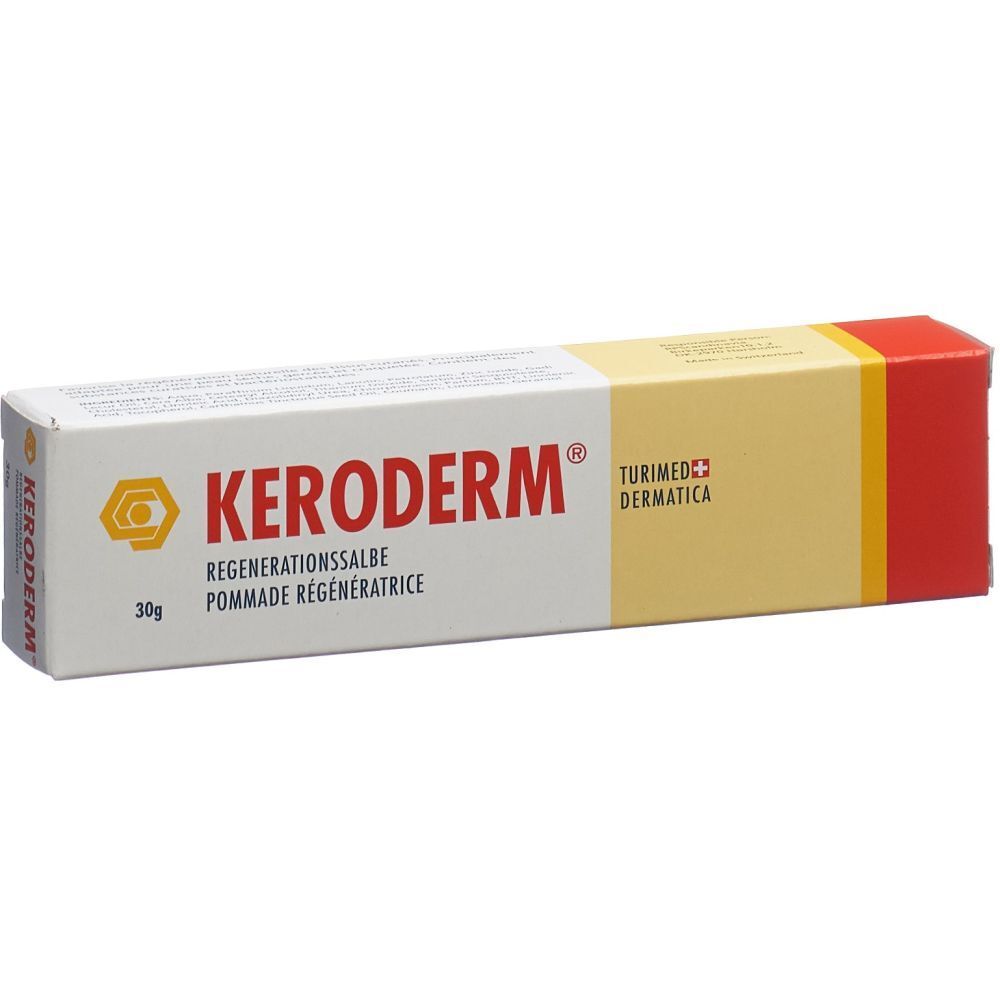 Boîte KERODERM® Pommade régénératrice. Blanc, jaune et rouge. Texte: Pommade régénératrice, 30g.