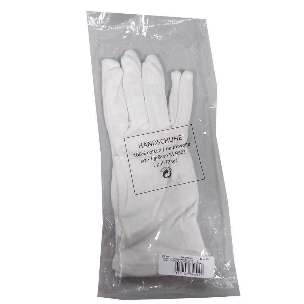 Witte katoenen handschoenen in plastic verpakking. Opschrift: HANDSCHUHE, 100% katoen, maat M, 1 paar.