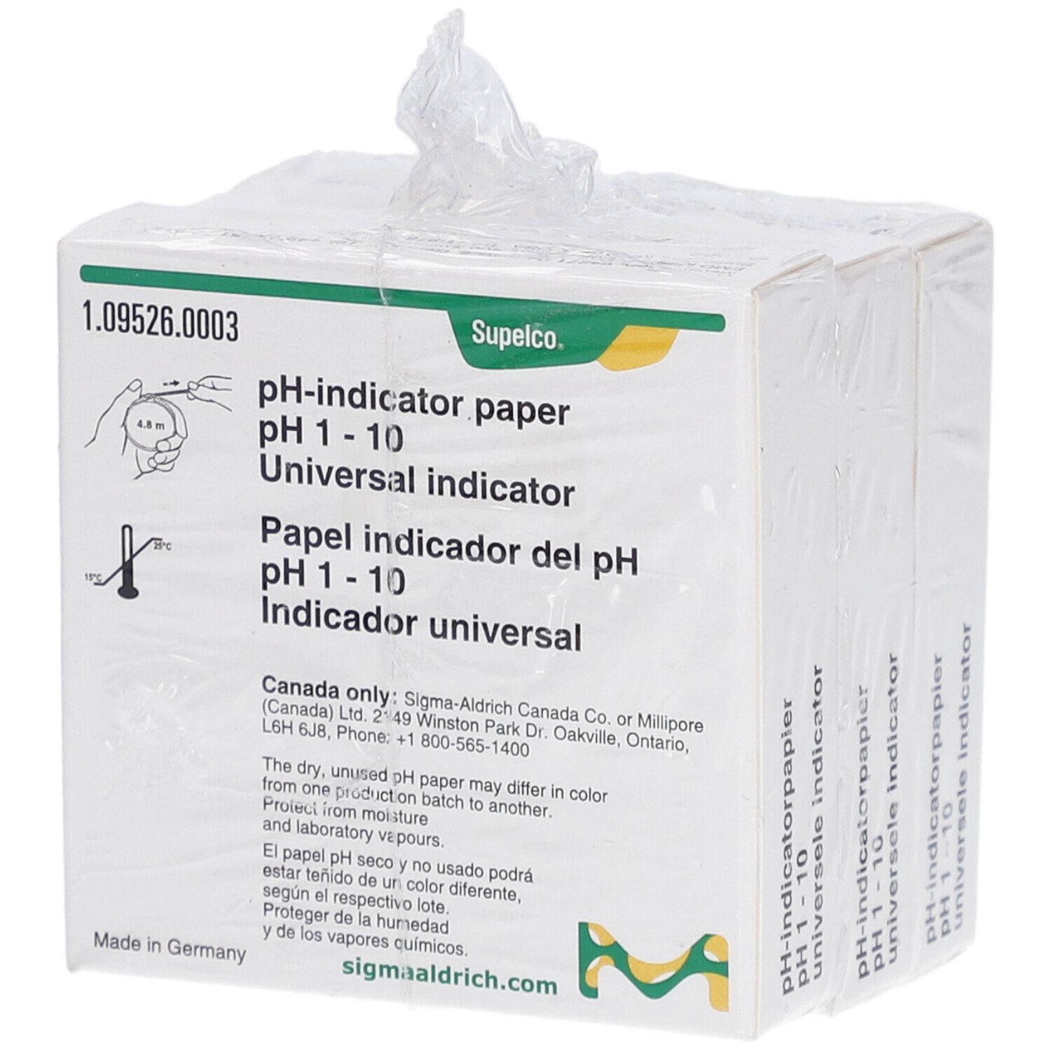 Verpakking pH-indicatorpapier pH 1-10. Merk: Supelco. Meerdere verpakkingen in plastic.