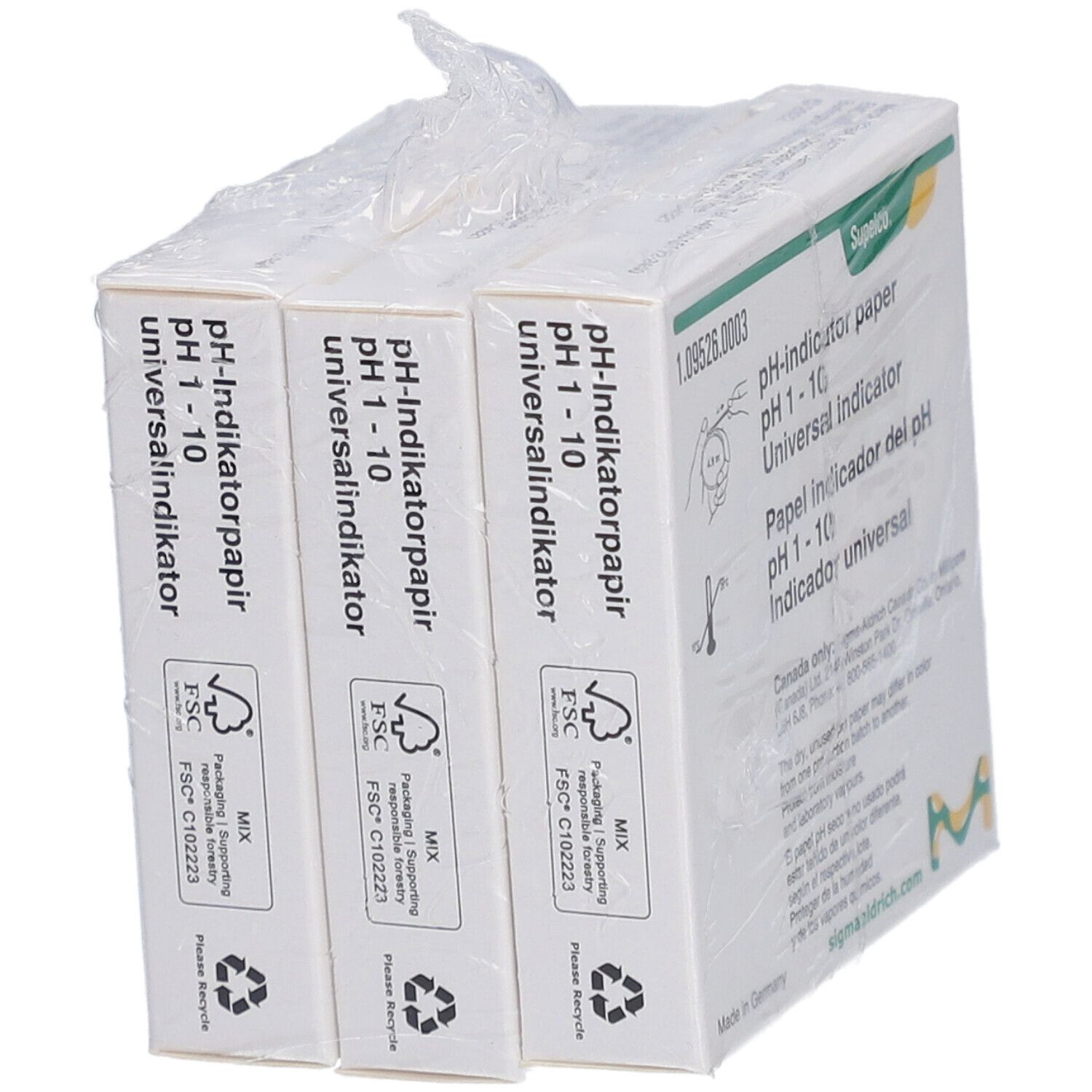 Drie verpakkingen pH-indicatorpapier pH 1-10, verpakt. Merk: Supelco. FSC-certificering.