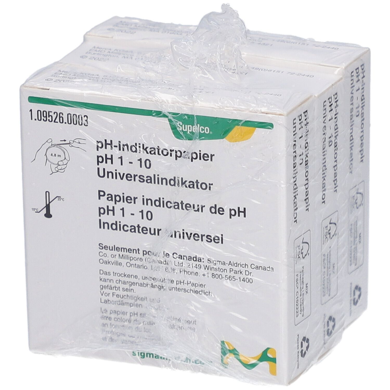 Verpakking pH-indicatorpapier pH 1-10. Merk: Supelco. Meerdere verpakkingen in plastic.