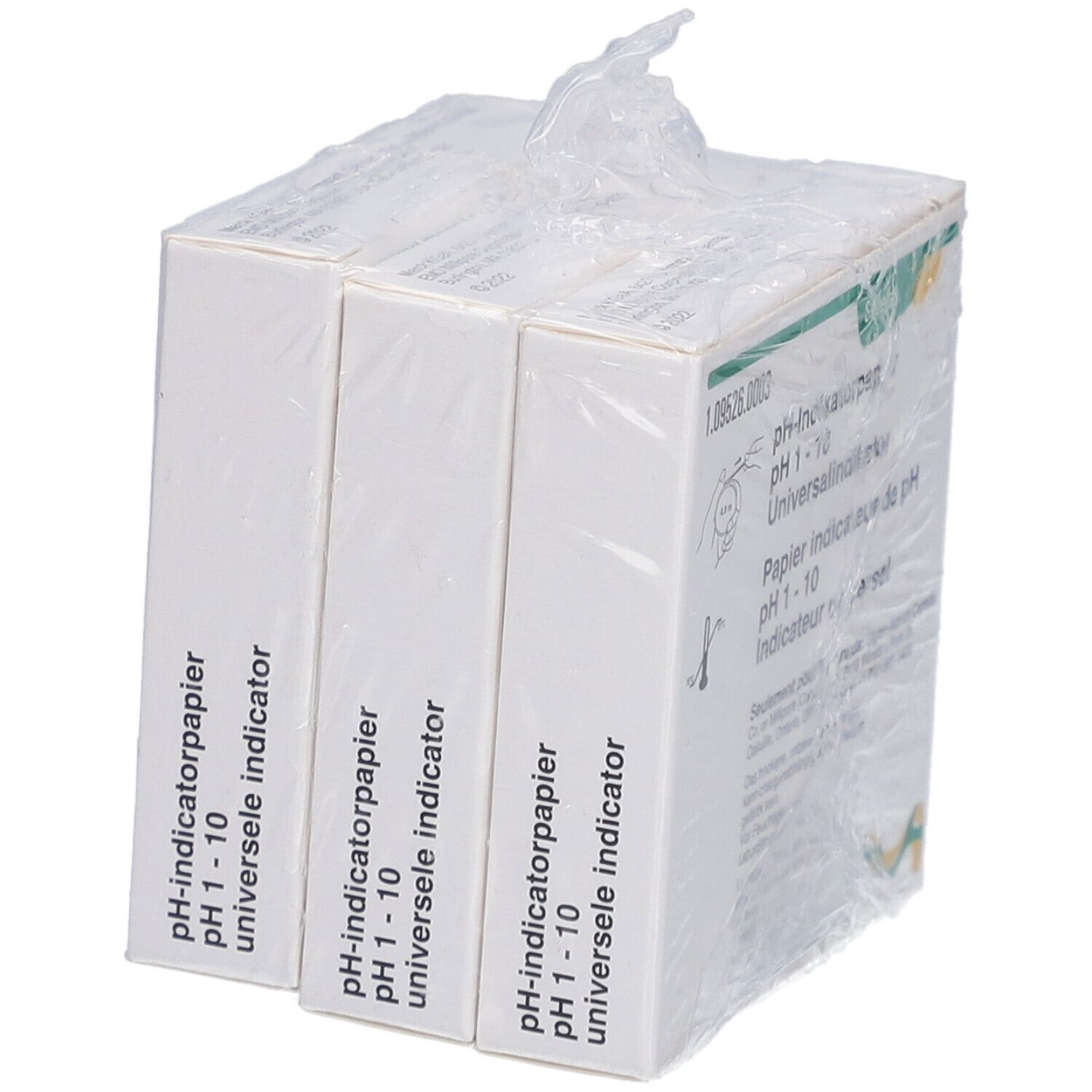 Drie verpakkingen pH-indicatorpapier pH 1-10, verpakt. Merk: Supelco. FSC-certificering.