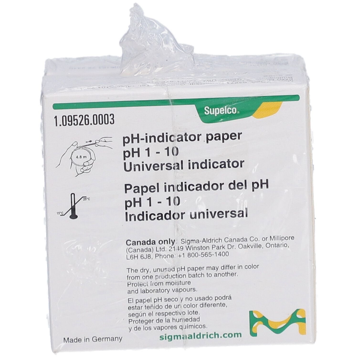 Verpakking pH-indicatorpapier pH 1-10. Merk: Supelco. Meerdere verpakkingen in plastic.
