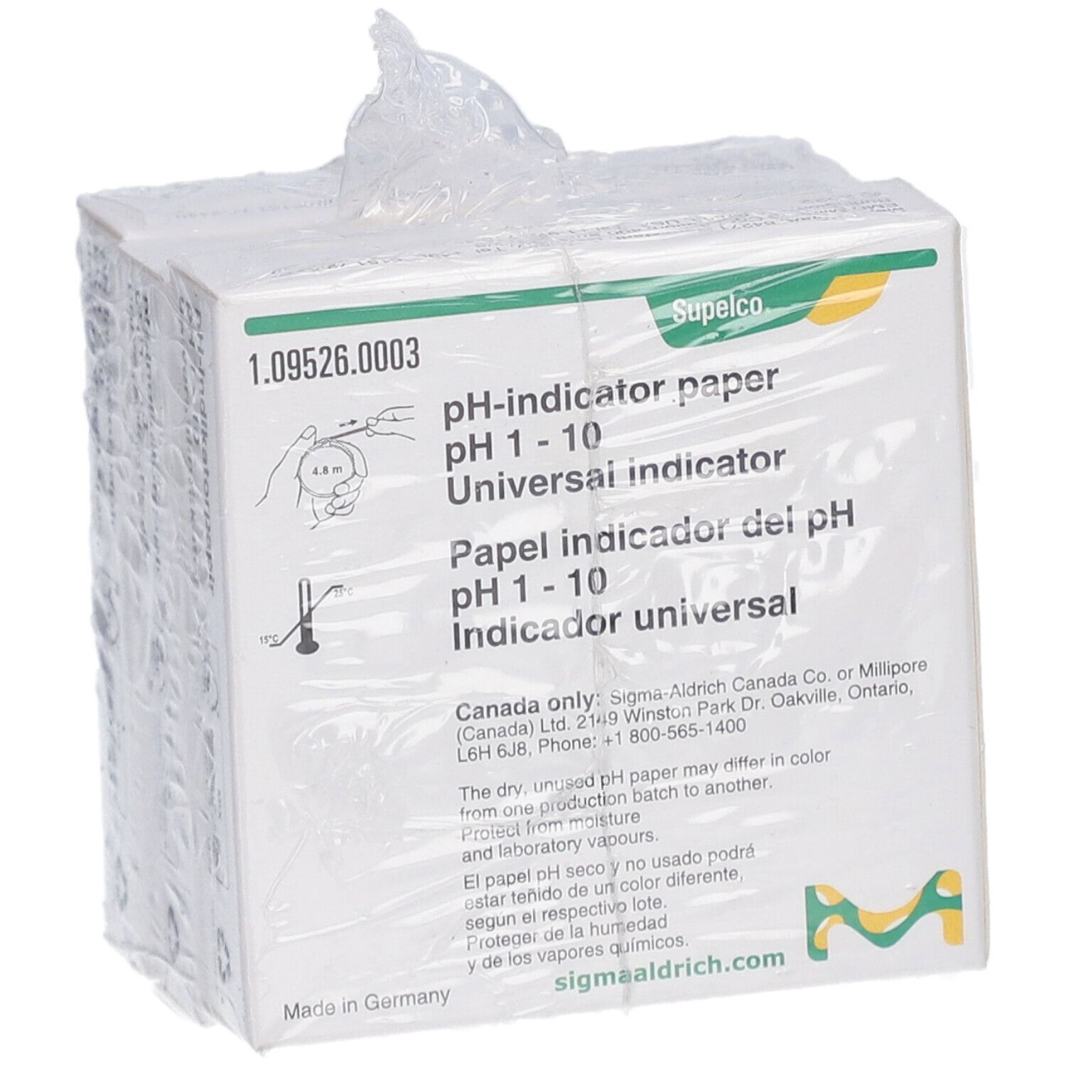 Verpakking pH-indicatorpapier pH 1-10. Merk: Supelco. Meerdere verpakkingen in plastic.