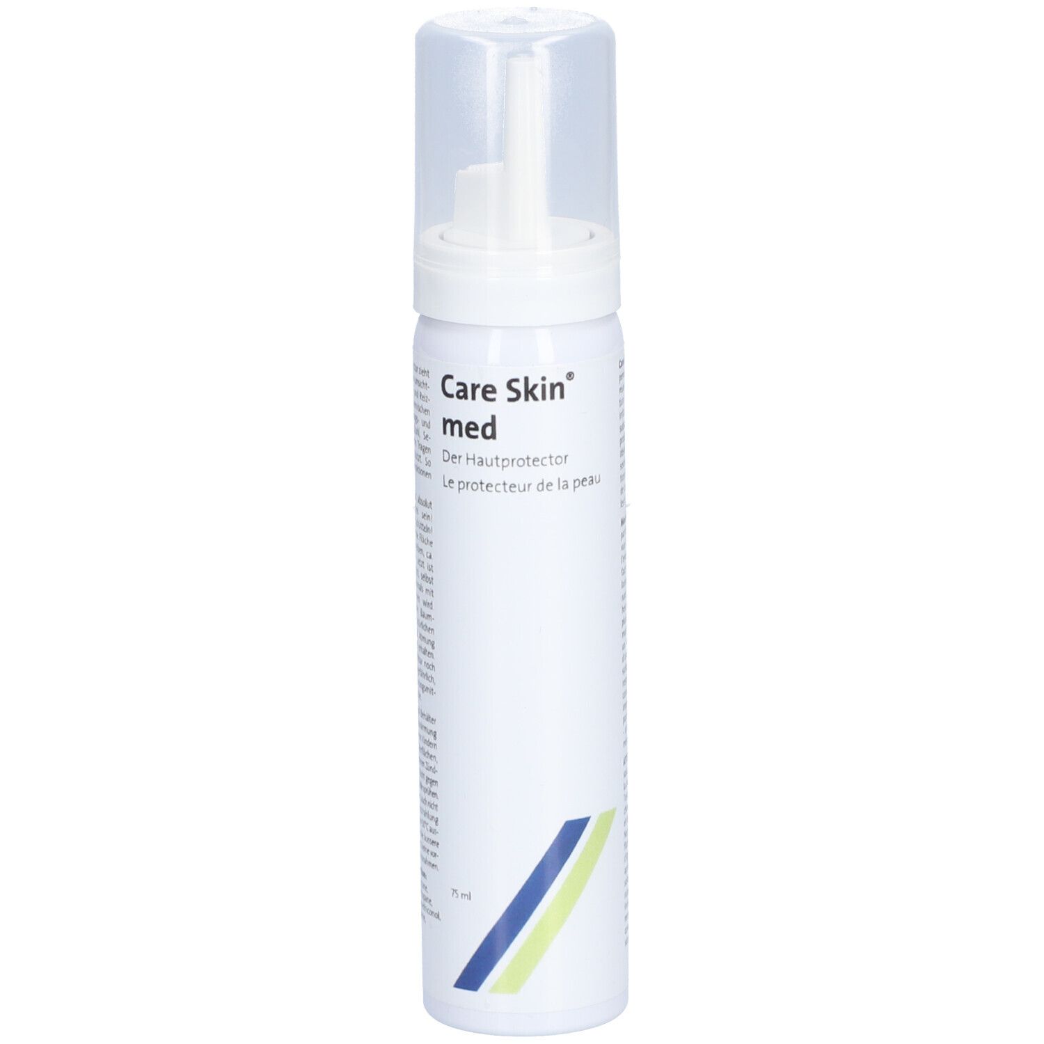 Flacon blanc avec vaporisateur. Inscription: Care Skin med, Der Hautprotector, Le protecteur de la peau. Bandes bleues et vertes.