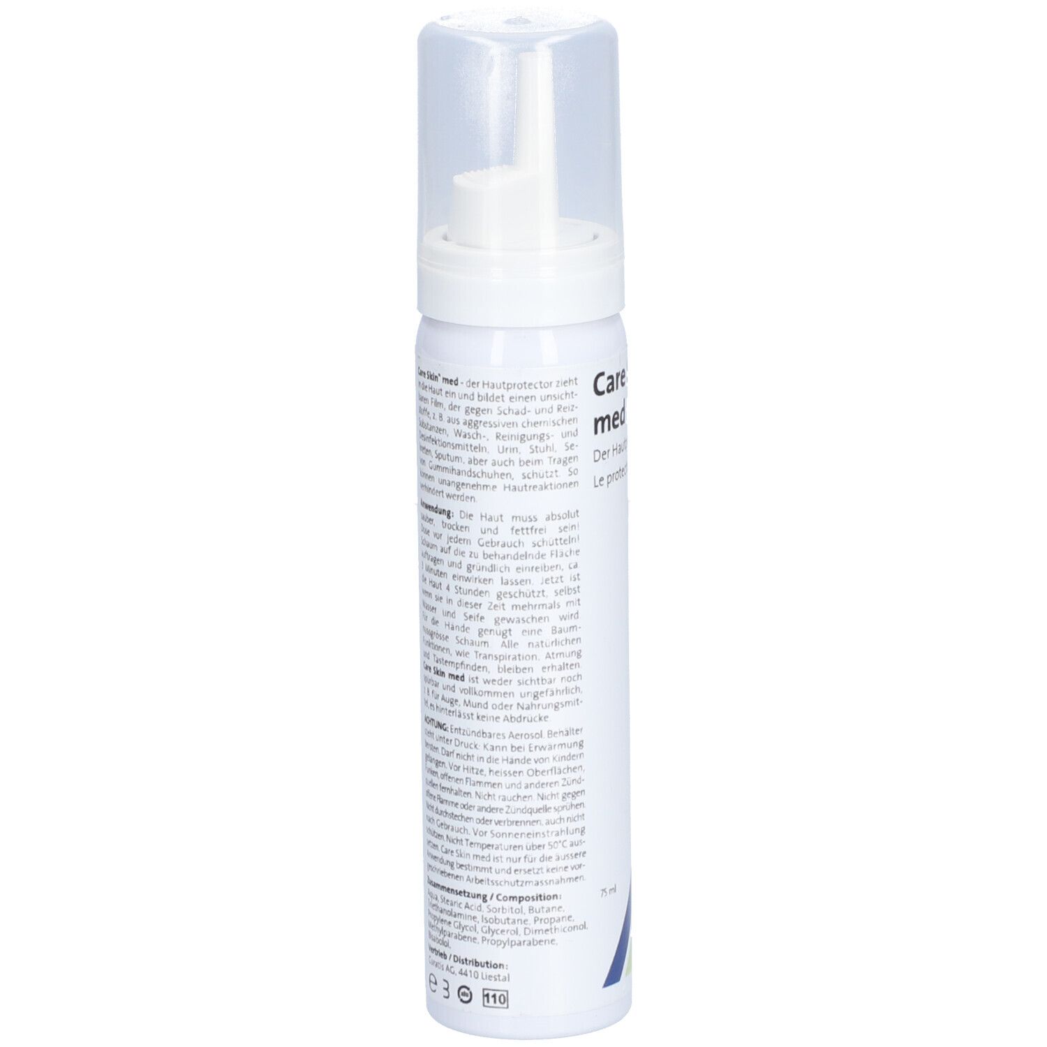 Flacon blanc avec vaporisateur. Texte en allemand. Inscription: Care Skin med, Der Hautprotector, Le protecteur de la peau. Bandes bleues et vertes.