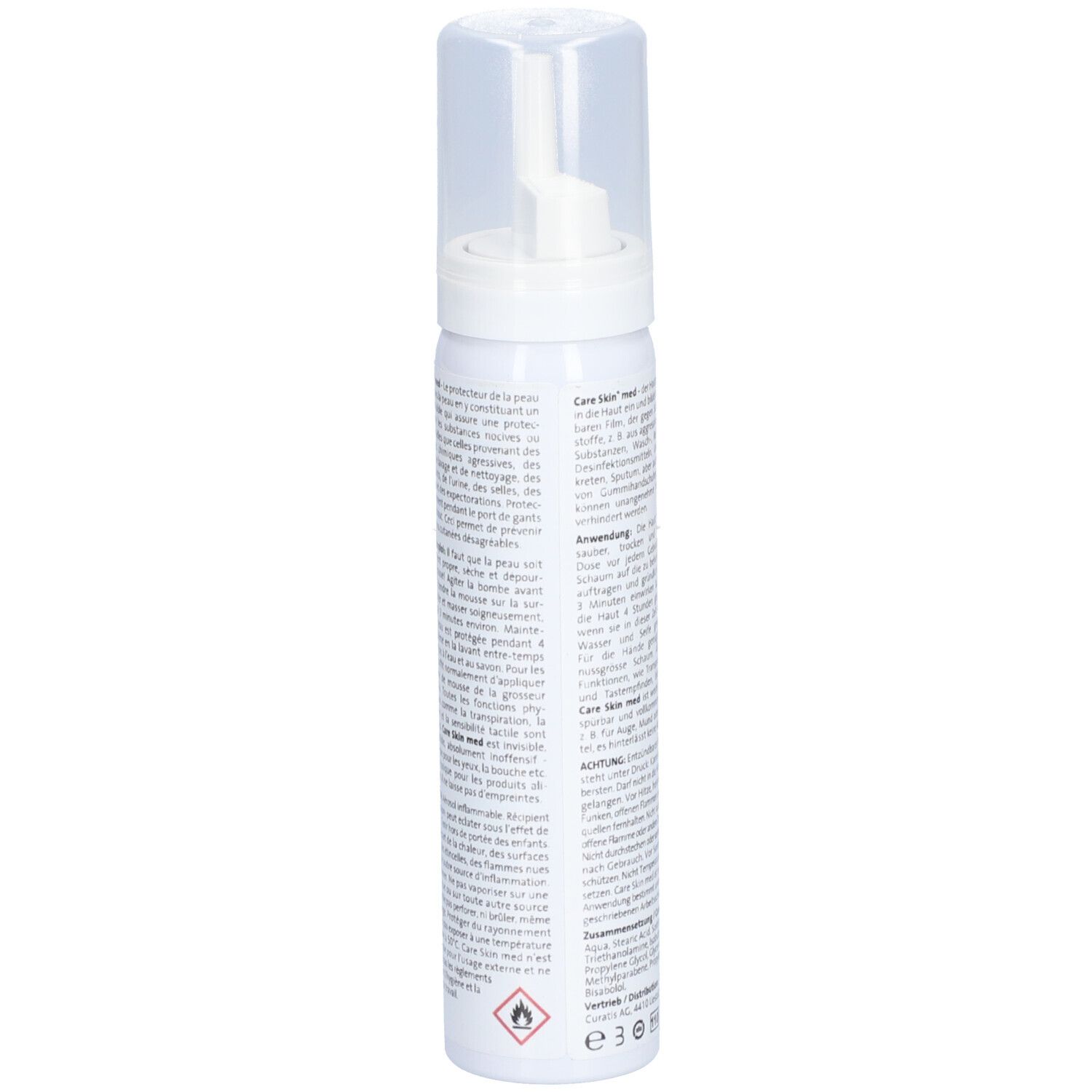 Flacon blanc avec vaporisateur. Texte en allemand. Inscription: Care Skin med, Der Hautprotector, Le protecteur de la peau. Bandes bleues et vertes.