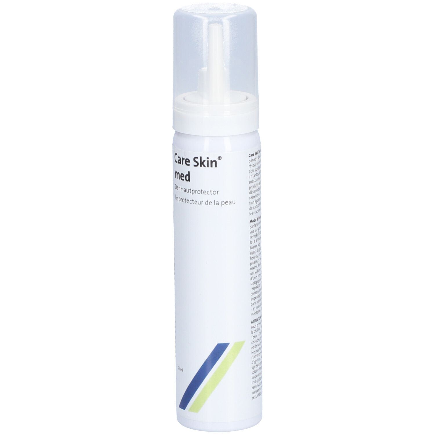 Flacon blanc avec vaporisateur. Inscription: Care Skin med, Der Hautprotector, Le protecteur de la peau. Bandes bleues et vertes.