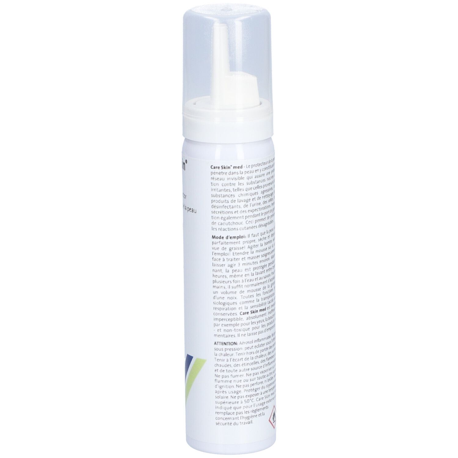 Flacon blanc avec vaporisateur. Texte en français. Inscription: Care Skin med, Der Hautprotector, Le protecteur de la peau. Bandes bleues et vertes.