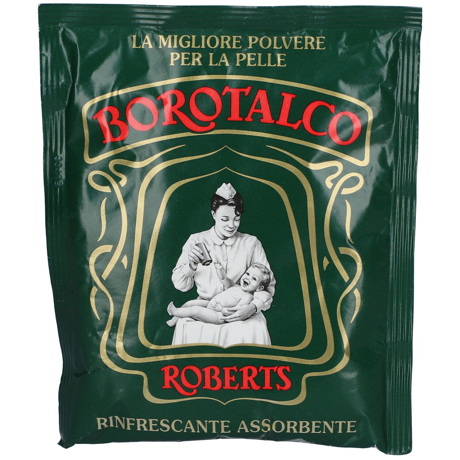 Groene zak met Borotalco-logo en afbeelding van een verpleegster die een baby verzorgt. Tekst: Rinfrascante Assorbente.