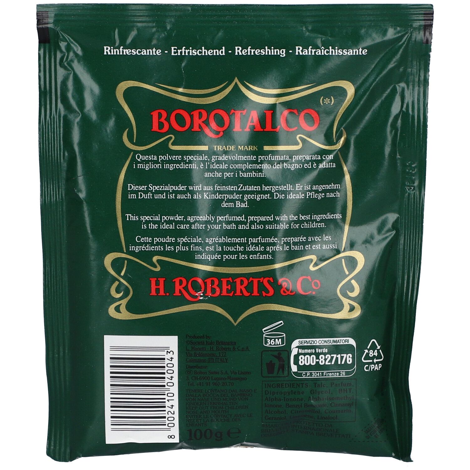 Achterkant van een groene Borotalco-zak. Tekst: Rinfrascante - Erfrischend - Refreshing - Rafraîchissante. Bevat tekst en logo's.