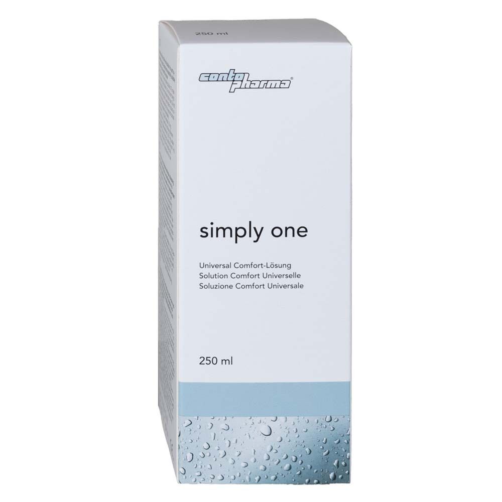 Doos van contopharma® simply one. Wit, met productnaam en volume. Blauwe sierstrip.