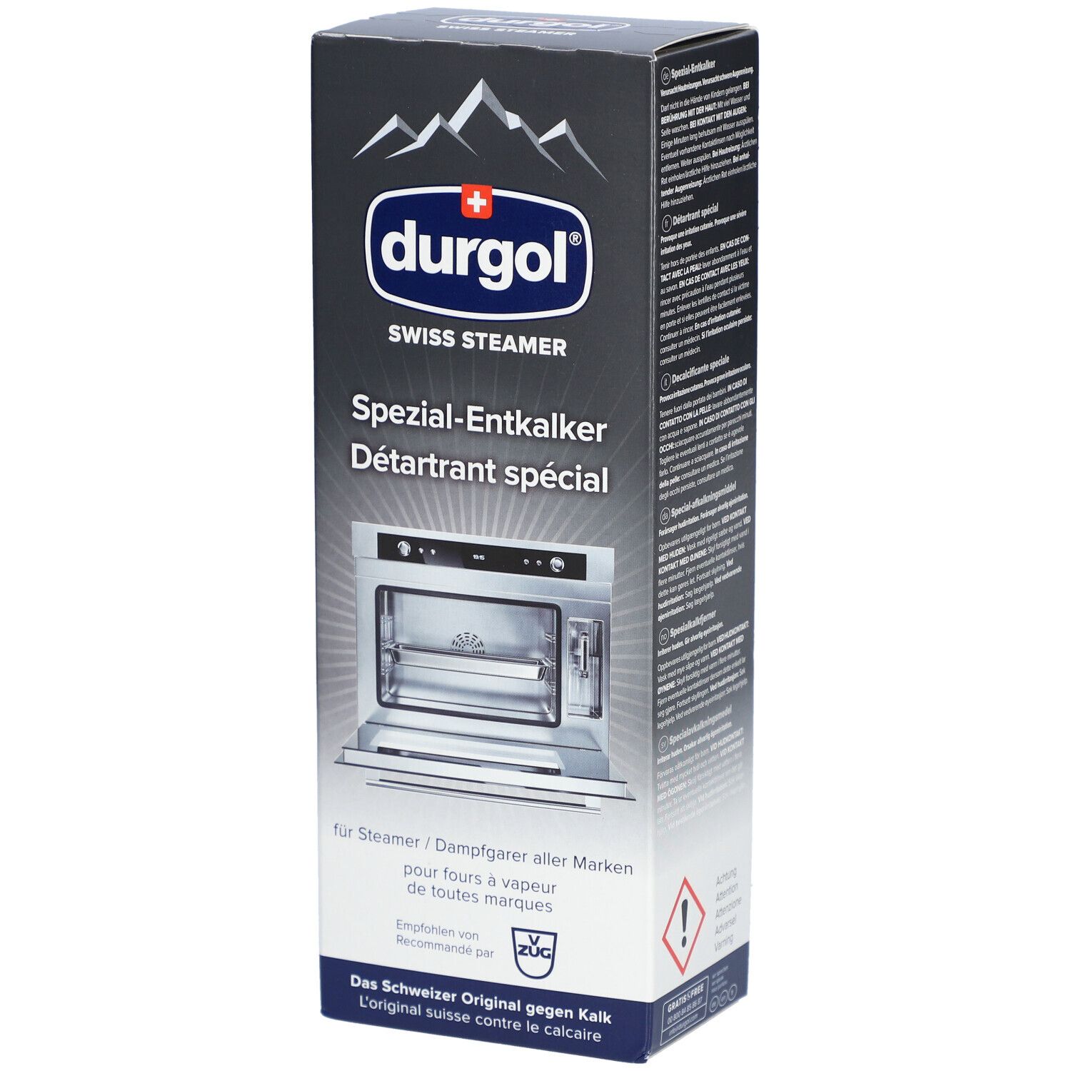 Durgol Swiss Steamer speciale ontkalker doos. Bevat productafbeelding en tekst. Zwarte verpakking met wit logo en productnaam.