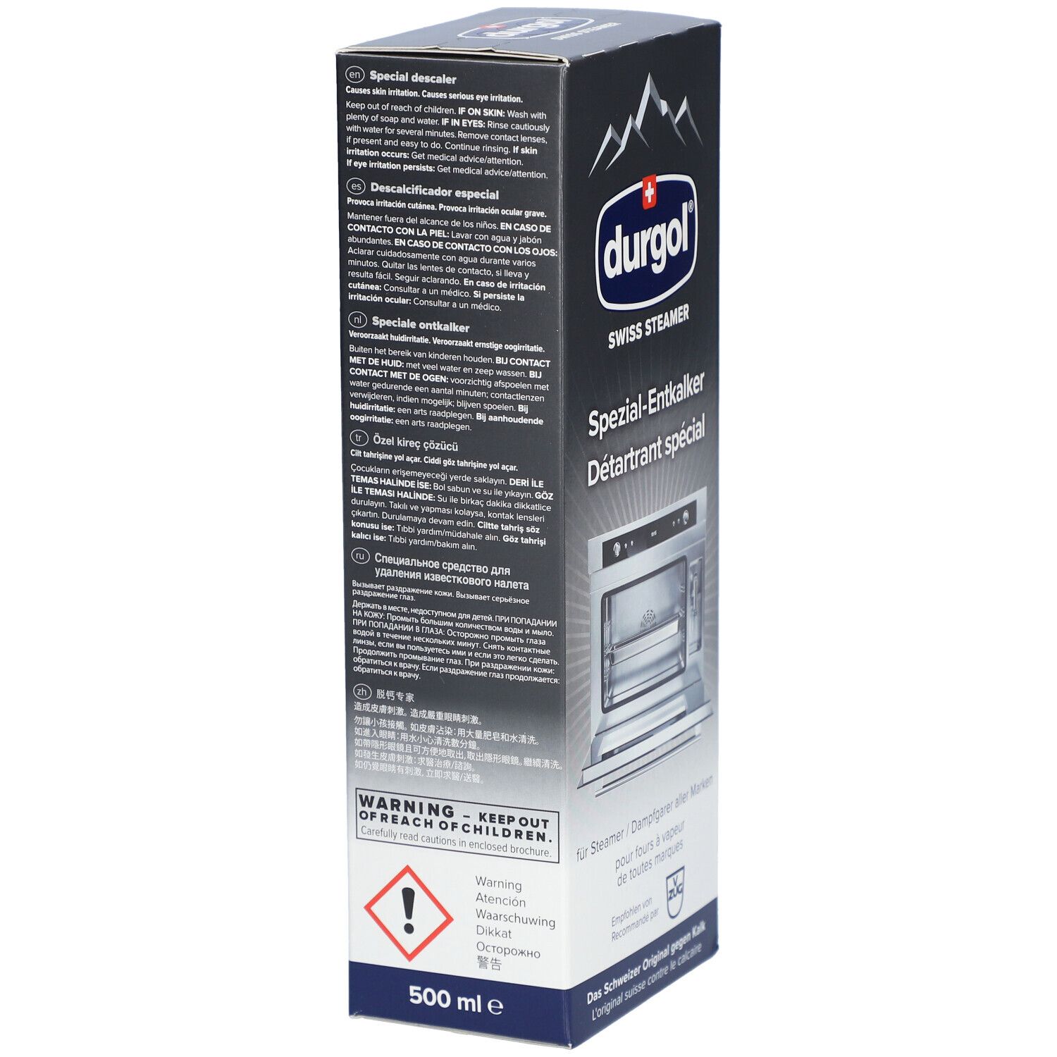 Achterkant van de Durgol Swiss Steamer speciale ontkalker doos. Meertalige tekst, waarschuwingen en gevaarsymbool.