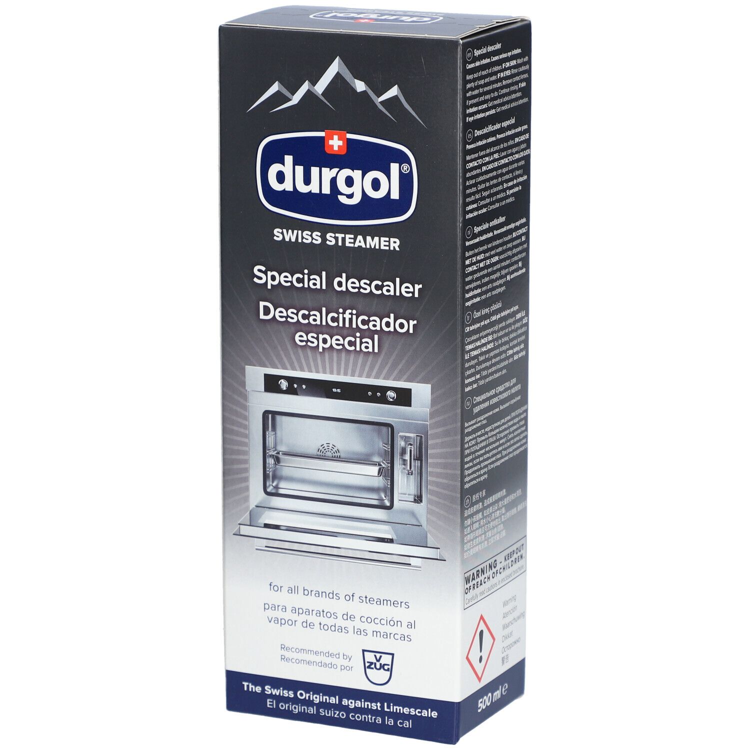 Durgol Swiss Steamer speciale ontkalker doos. Bevat productafbeelding en tekst. Zwarte verpakking met wit logo en productnaam.