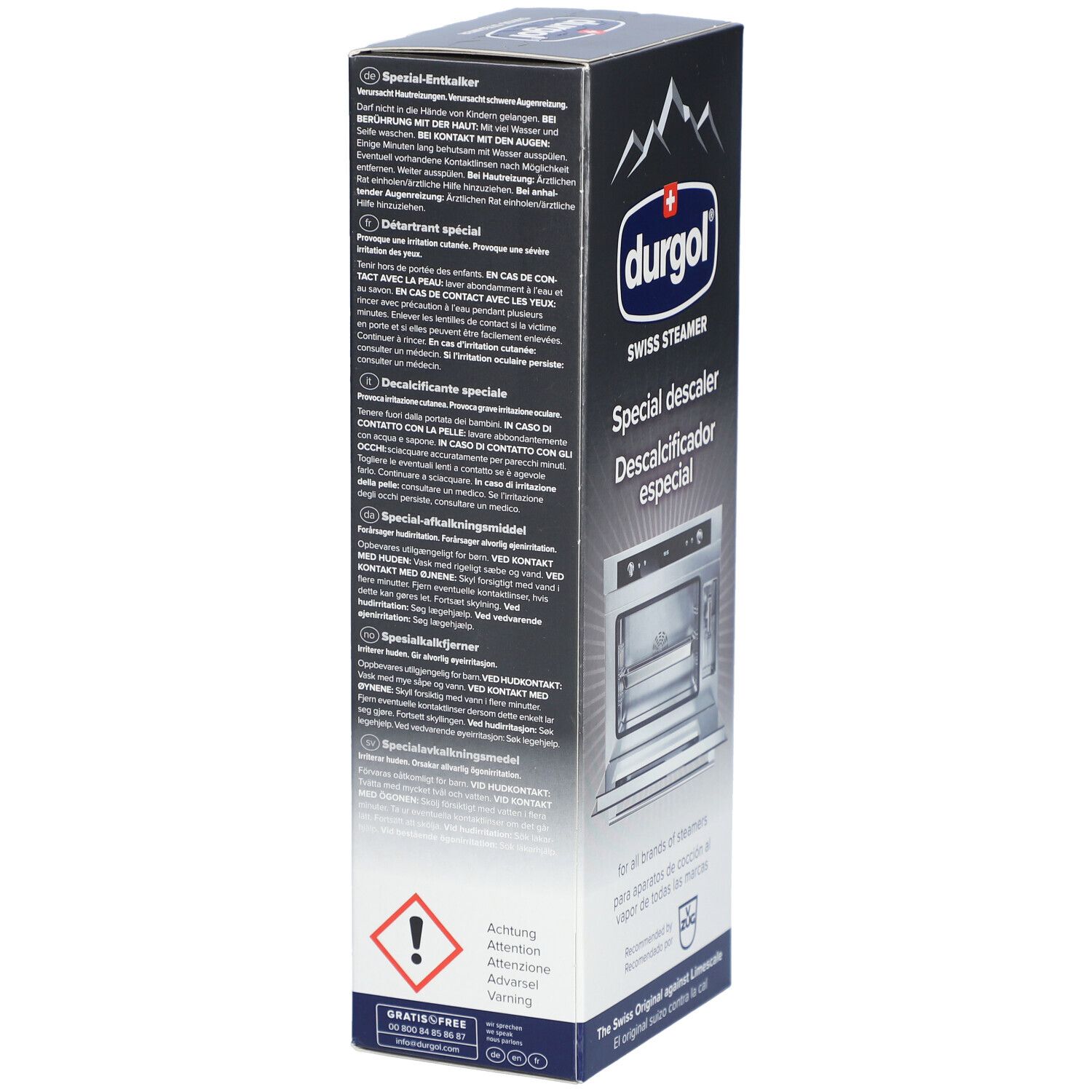 Achterkant van de Durgol Swiss Steamer speciale ontkalker doos. Meertalige tekst, waarschuwingen en gevaarsymbool.