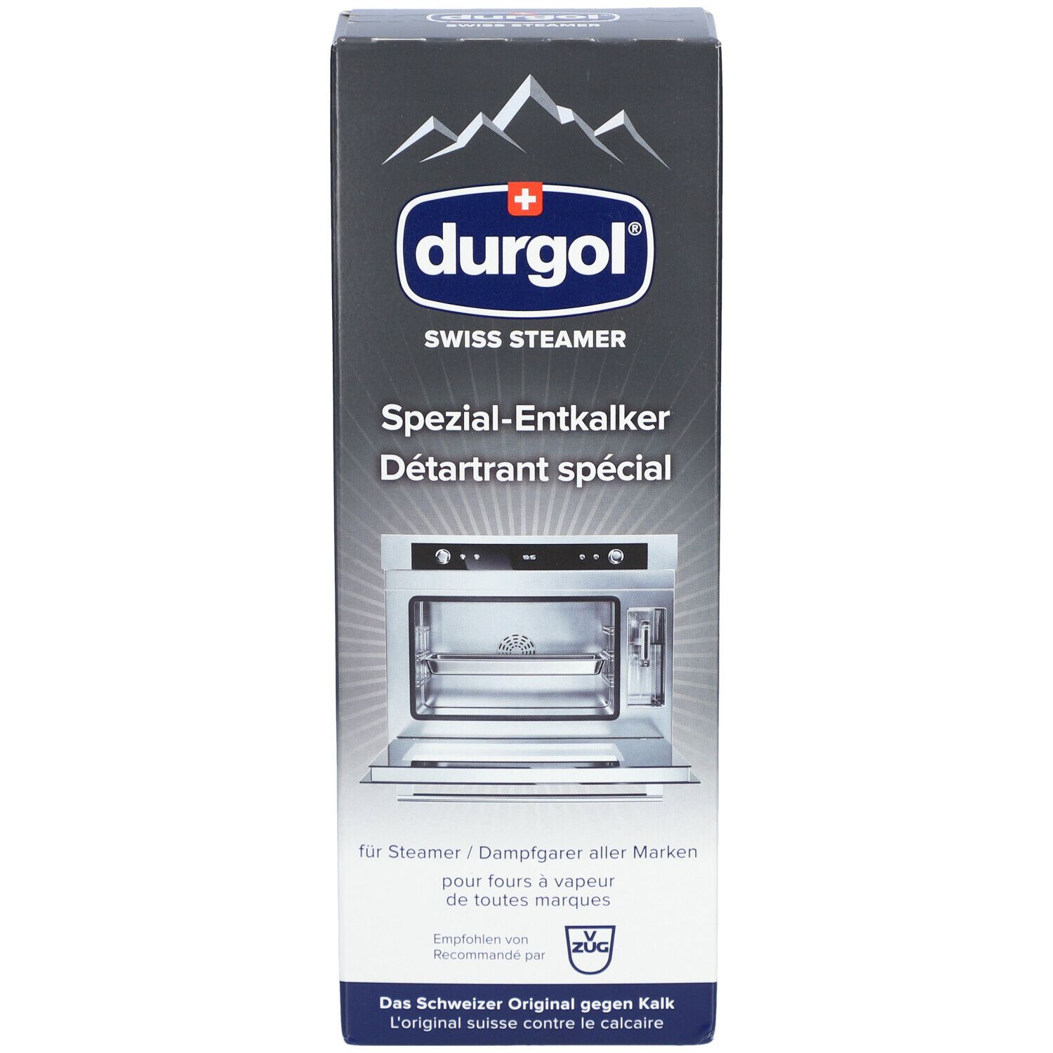 Durgol Swiss Steamer speciale ontkalker doos. Bevat productafbeelding en tekst. Zwarte verpakking met wit logo en productnaam.