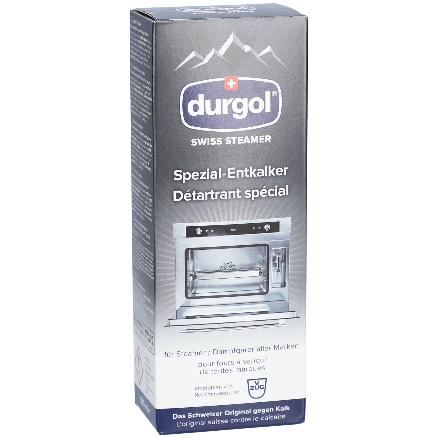 Durgol Swiss Steamer speciale ontkalker doos. Bevat productafbeelding en tekst. Zwarte verpakking met wit logo en productnaam.