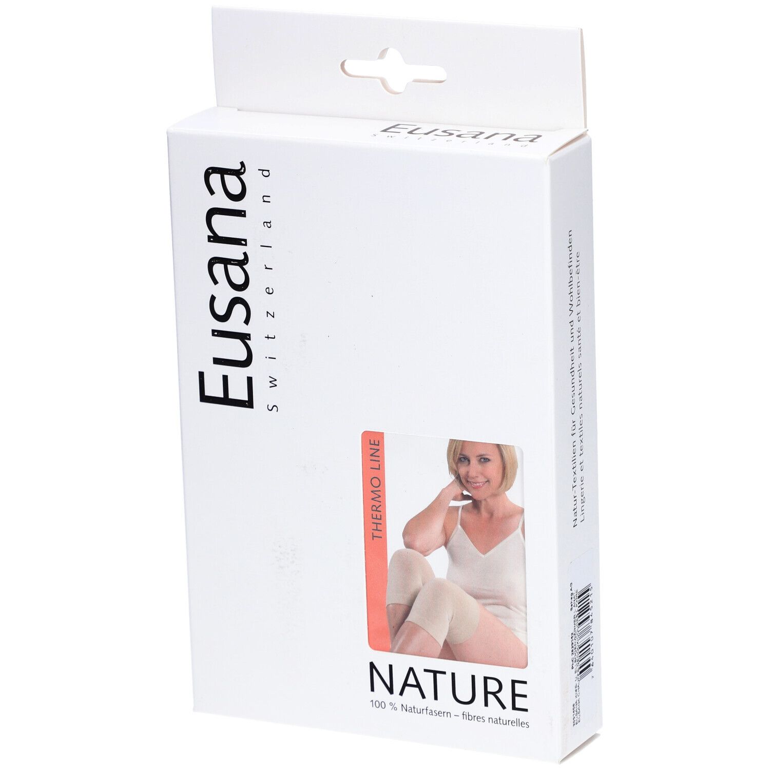 Verpakking van Eusana. Opschrift: Eusana Switzerland, Thermo Line, Nature, vrouw met kniebeschermer.