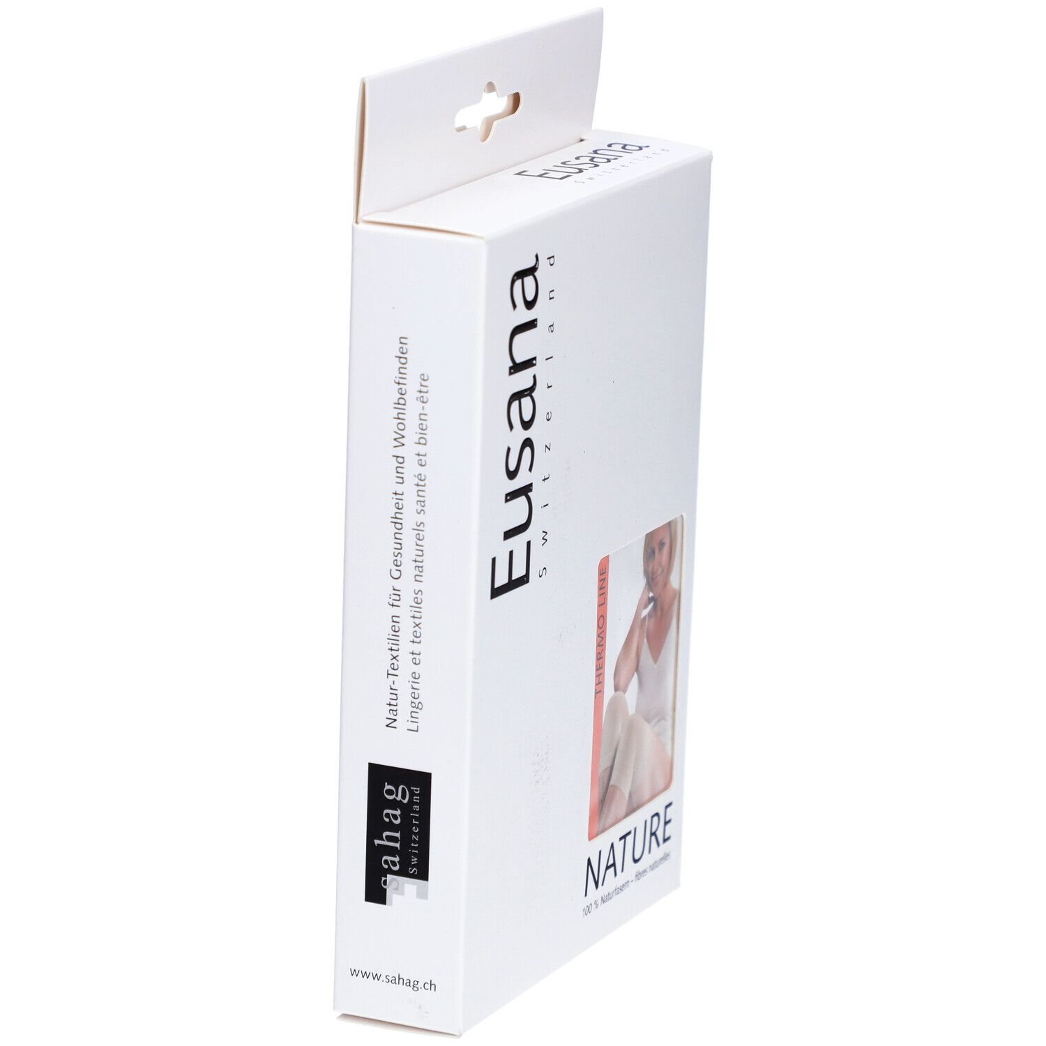 Zijaanzicht van de Eusana-verpakking. Opschrift: Eusana Switzerland, ahag, Natuurlijke textiel voor gezondheid en welzijn.