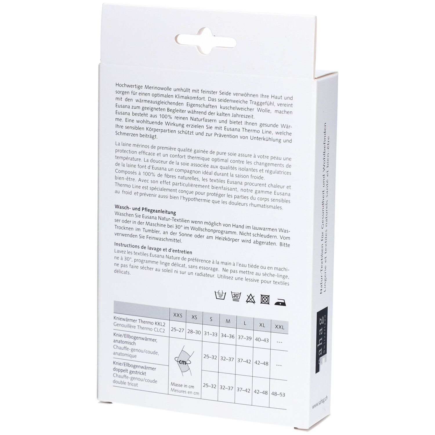 Achterkant van de Eusana-verpakking. Tekst in het Duits en Frans. Maattabel voor kniebeschermers.
