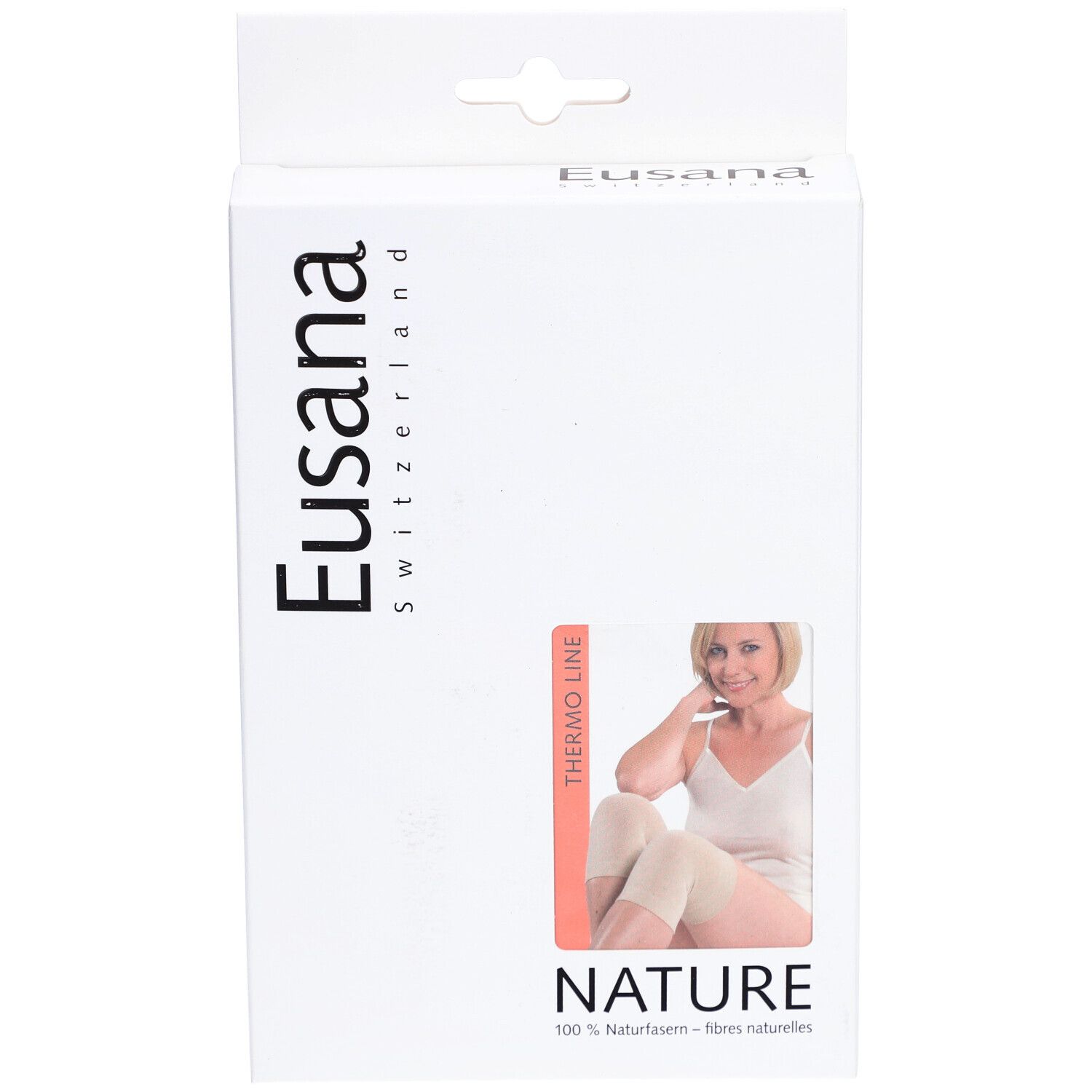 Verpakking van Eusana. Opschrift: Eusana Switzerland, Thermo Line, Nature, vrouw met kniebeschermer.