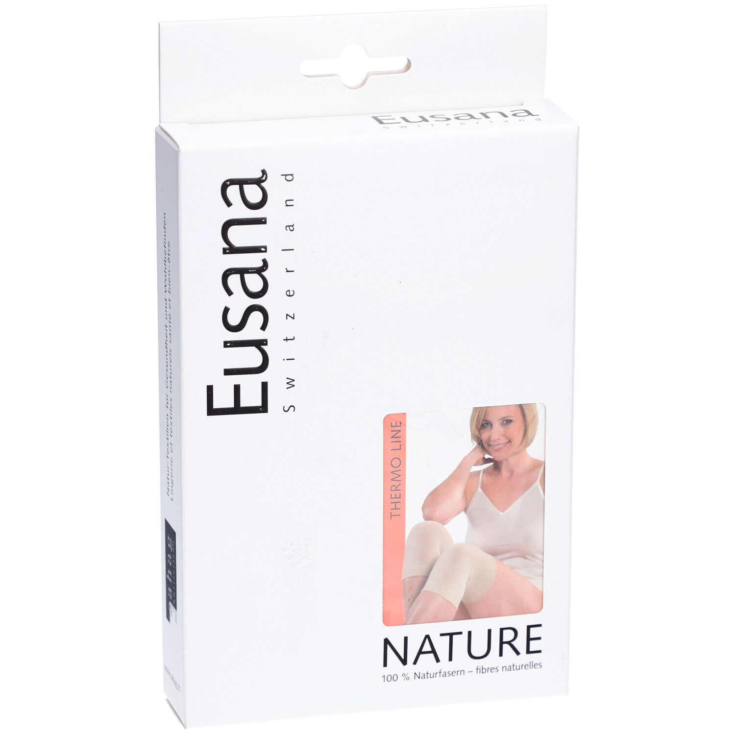 Verpakking van Eusana. Opschrift: Eusana Switzerland, Thermo Line, Nature, vrouw met kniebeschermer.