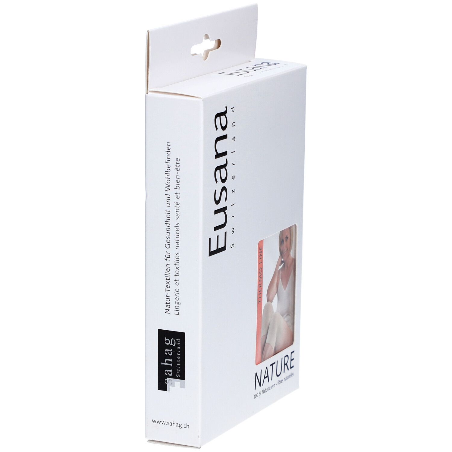 Zijaanzicht van de verpakking. Merk: Eusana Switzerland. Opdruk: Nature, Thermo Line. Tekst: Natuurlijke textiel voor gezondheid en welzijn.