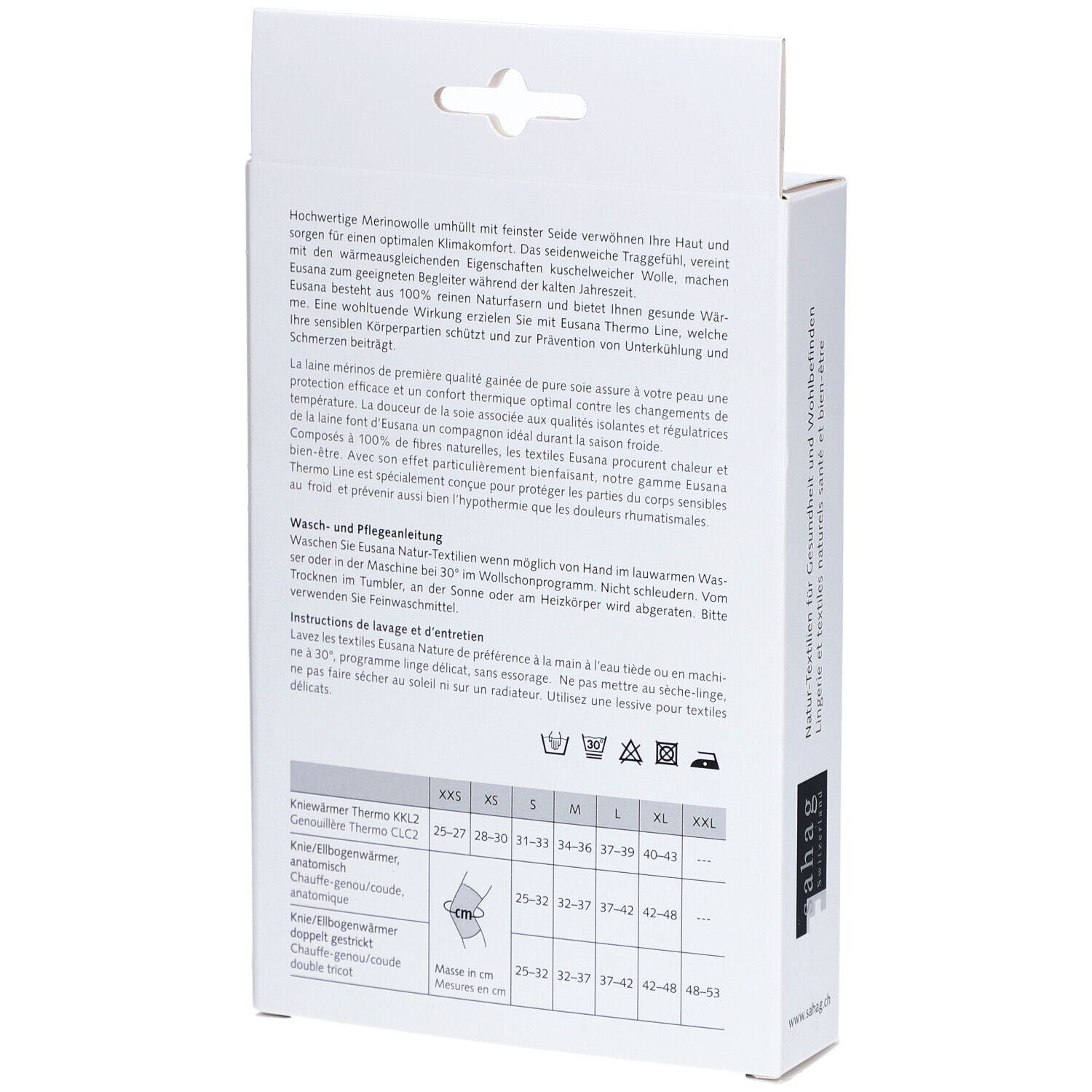 Achterkant van de verpakking. Tekst: Informatie over materiaal, verzorging en maattabel. Merk: Eusana. Product: kniebeschermers.
