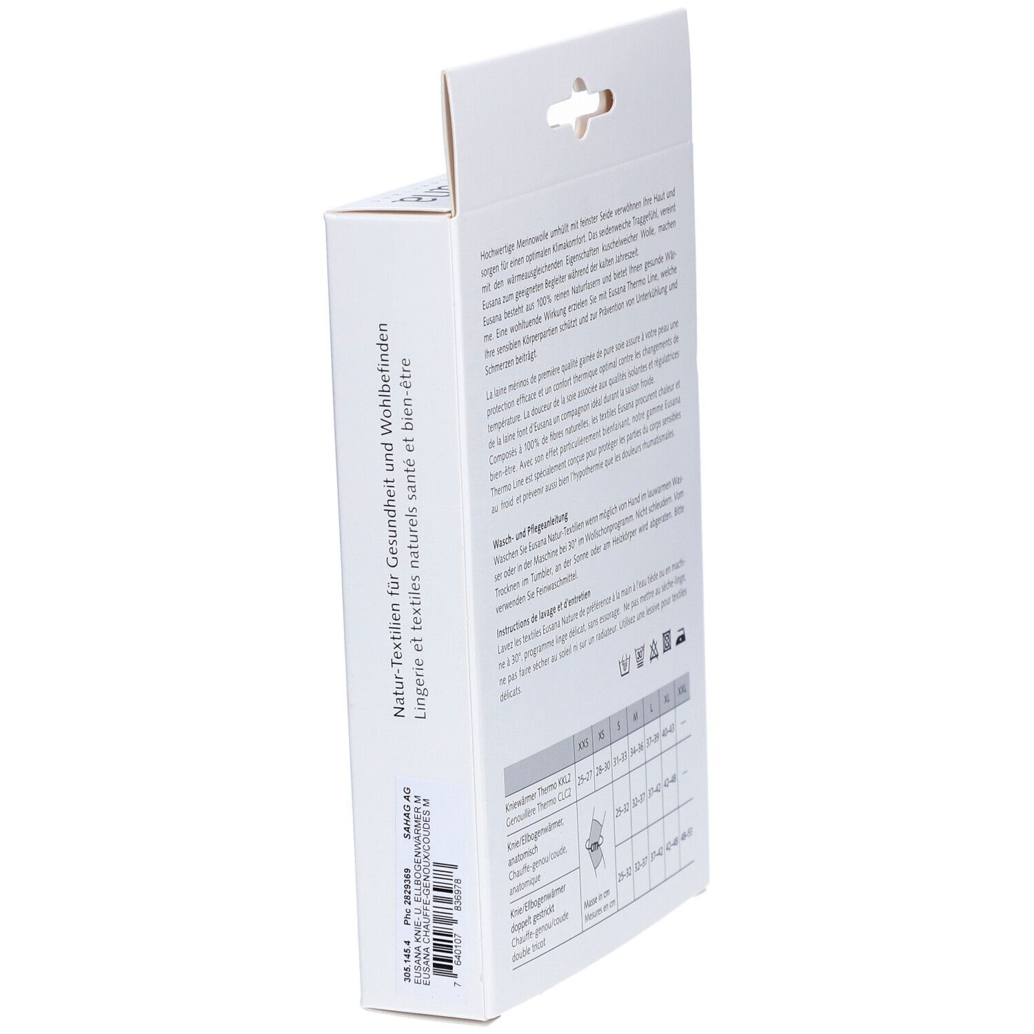 Zijaanzicht van de verpakking. Tekst: Natuurlijke textiel voor gezondheid en welzijn. Merk: Eusana. Product: kniebeschermers.