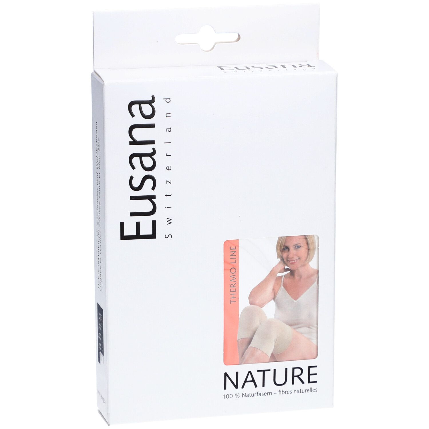Verpakking met productafbeelding. Merk: Eusana Switzerland. Product: kniebeschermers, beige. Opdruk: Thermo Line, Nature.