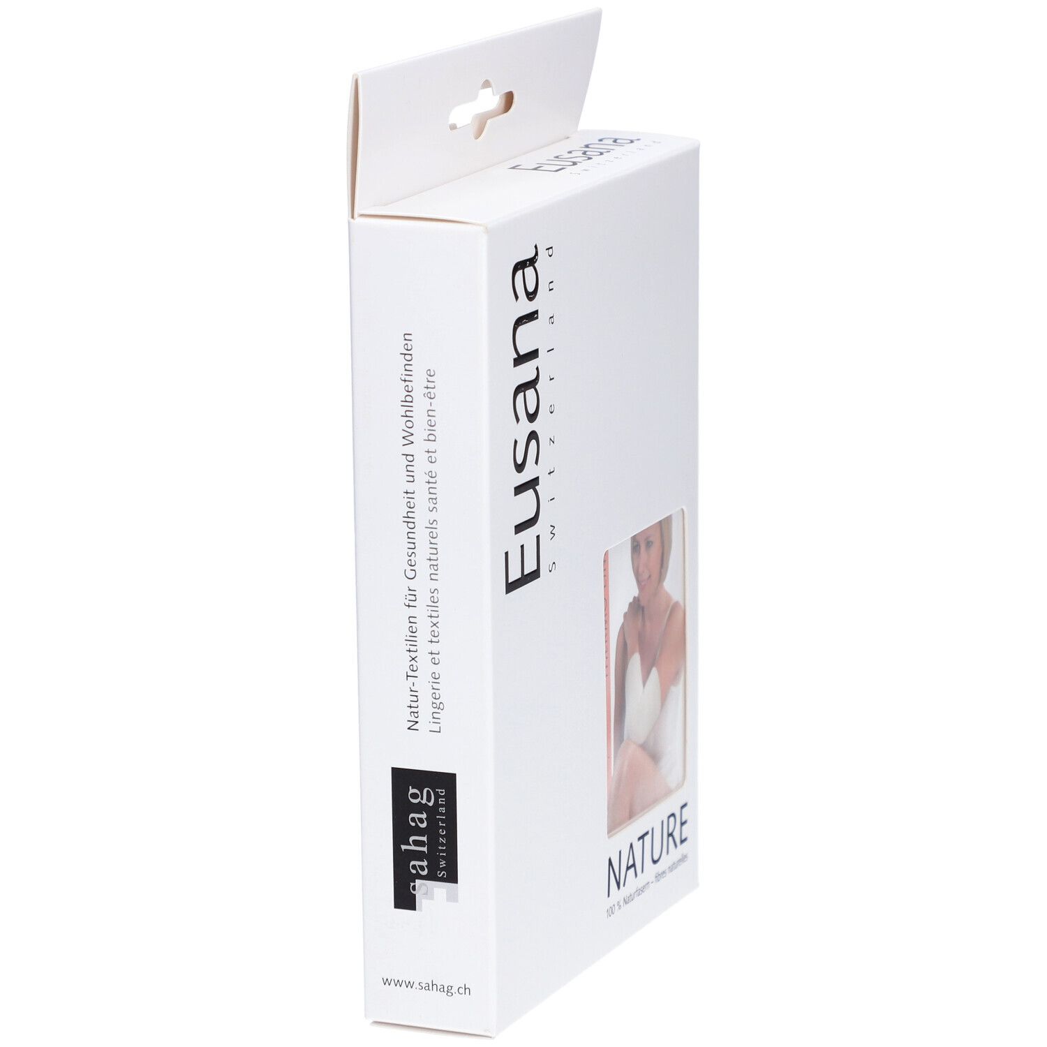 Zijaanzicht van de verpakking. Eusana, Zwitserland. Natuurlijke textiel voor gezondheid en welzijn.