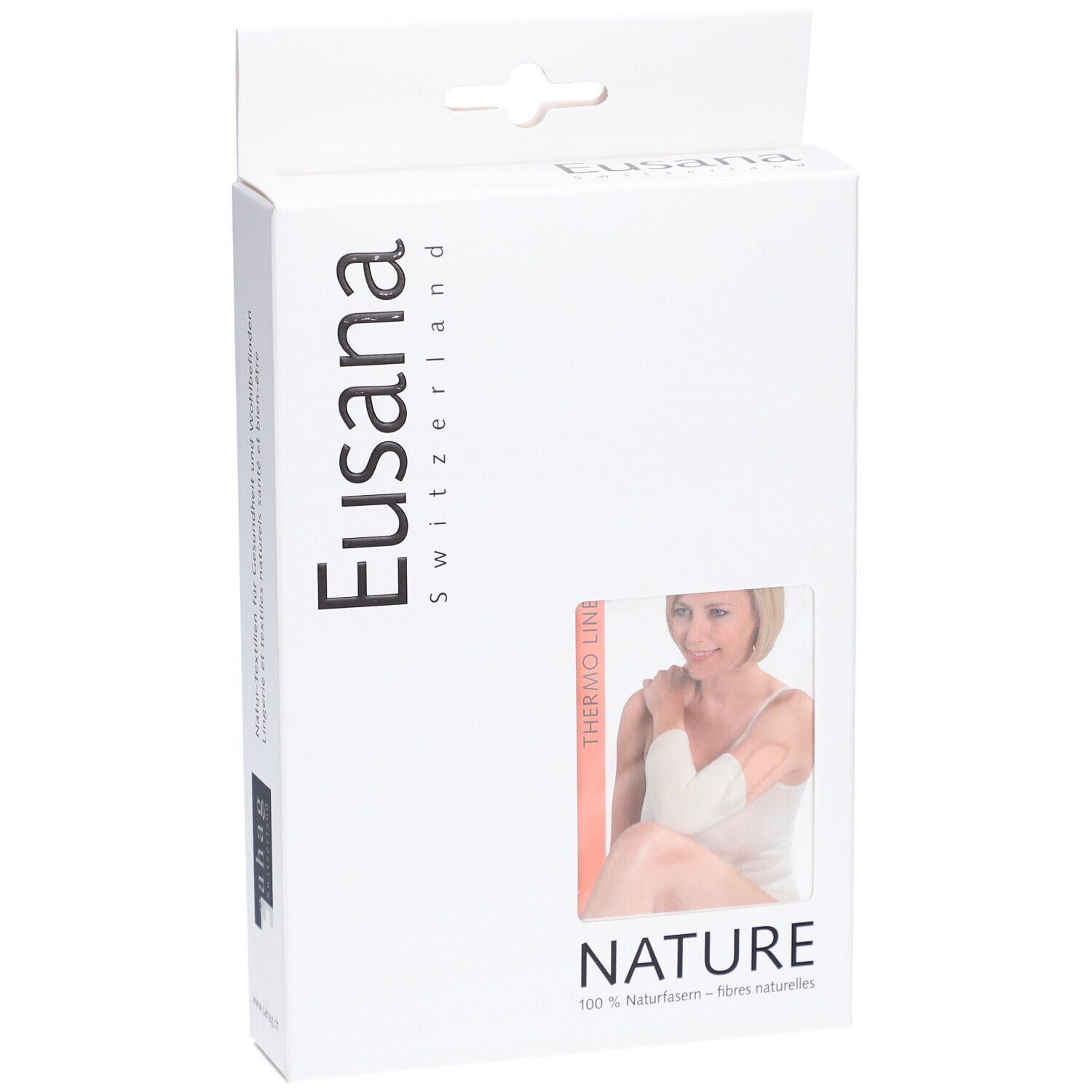 Verpakking Eusana, Zwitserland. Thermo Line, natuurlijke vezels. Productafbeelding en vrouw.