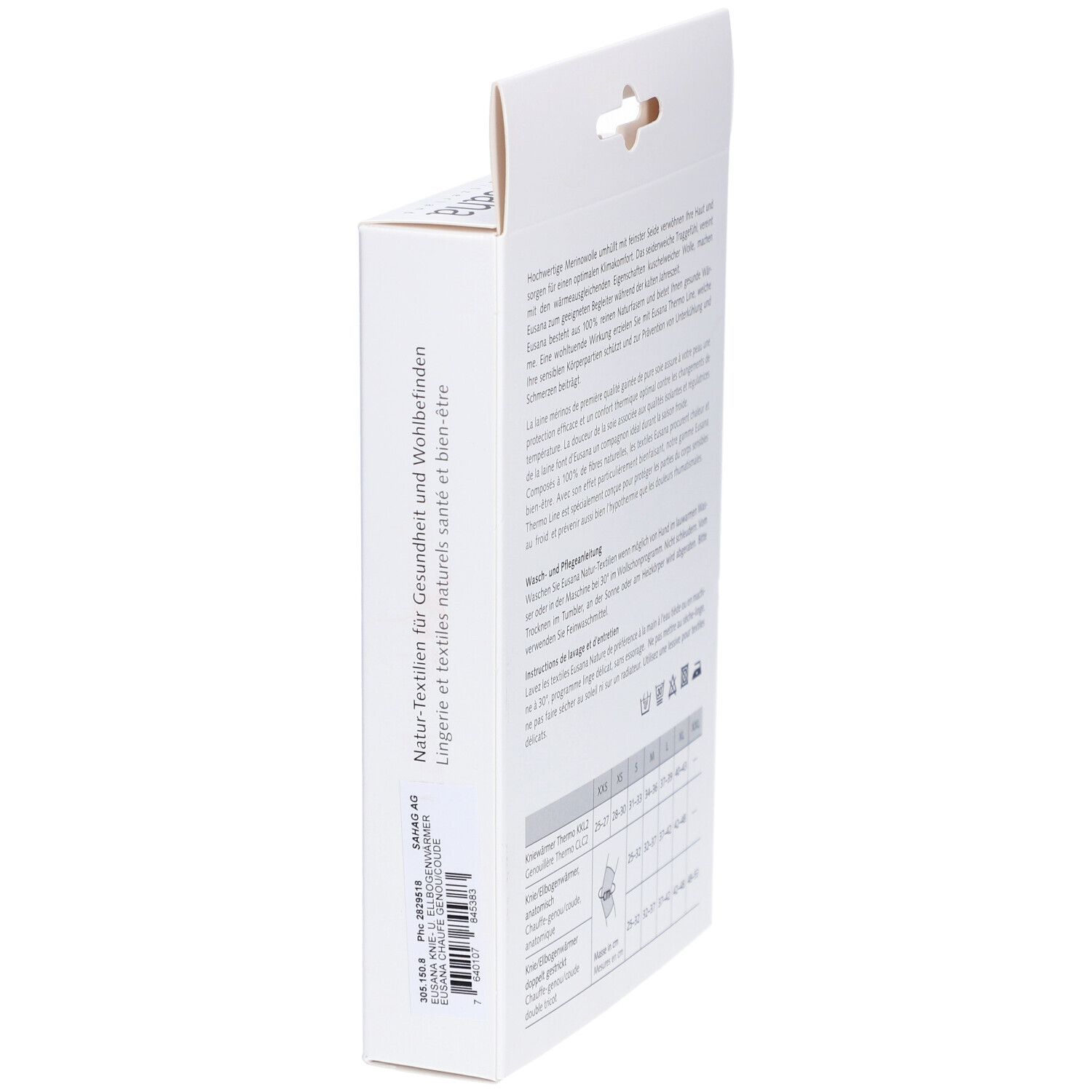 Vue latérale de l'emballage. Texte sur la santé et le bien-être, et informations sur le fabricant.