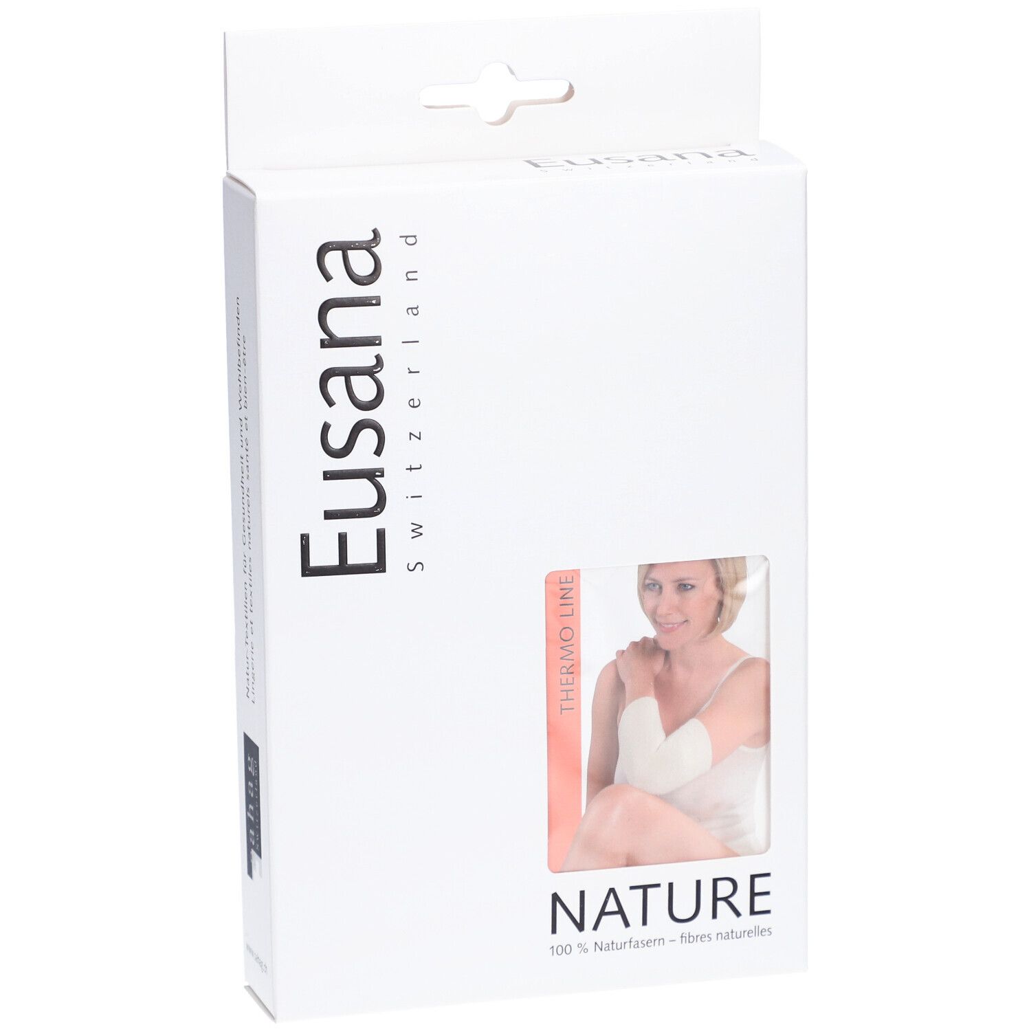 Emballage blanc Eusana. Image d'un produit et d'une femme portant une attelle au bras. Thermo Line et Nature sont visibles.