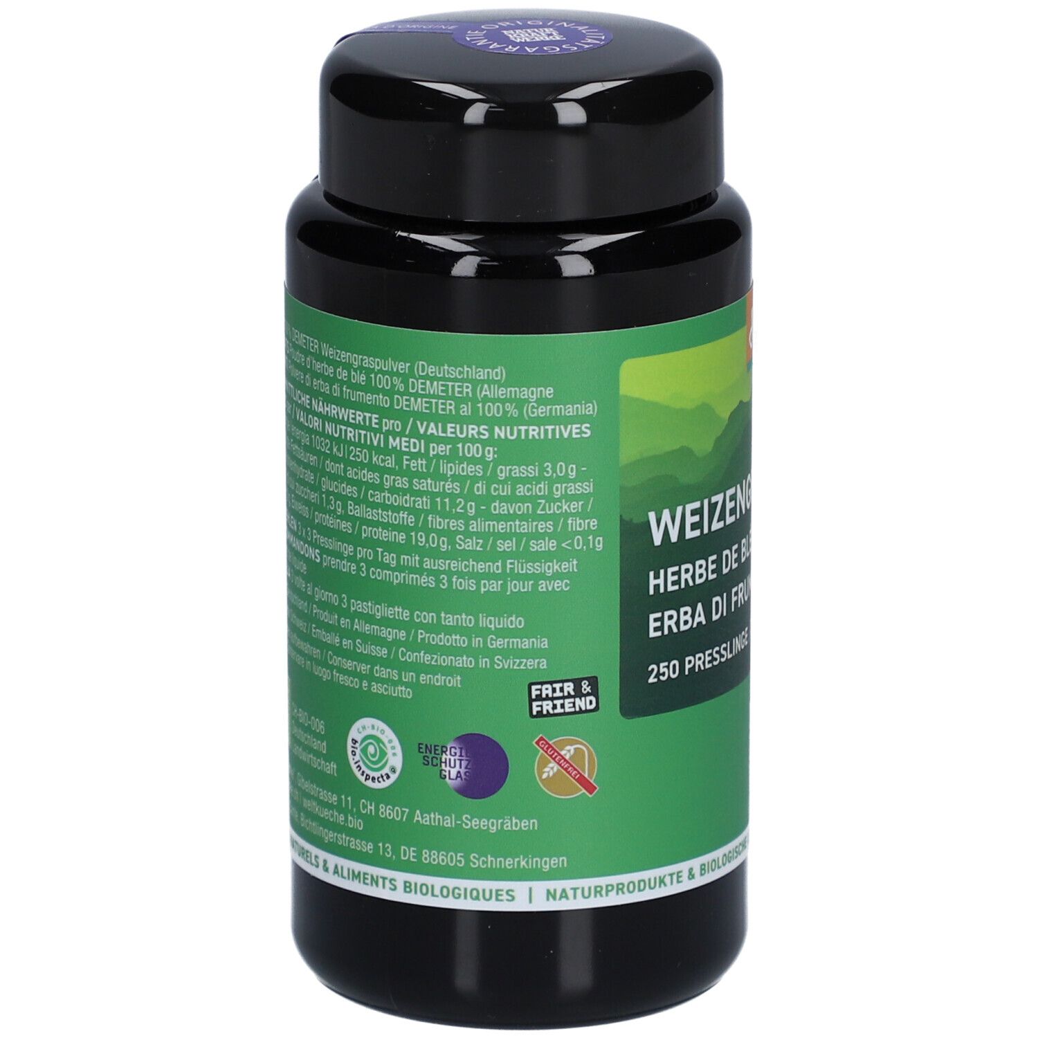 Dos de la boîte noire. Étiquette verte avec informations nutritionnelles et certifications.