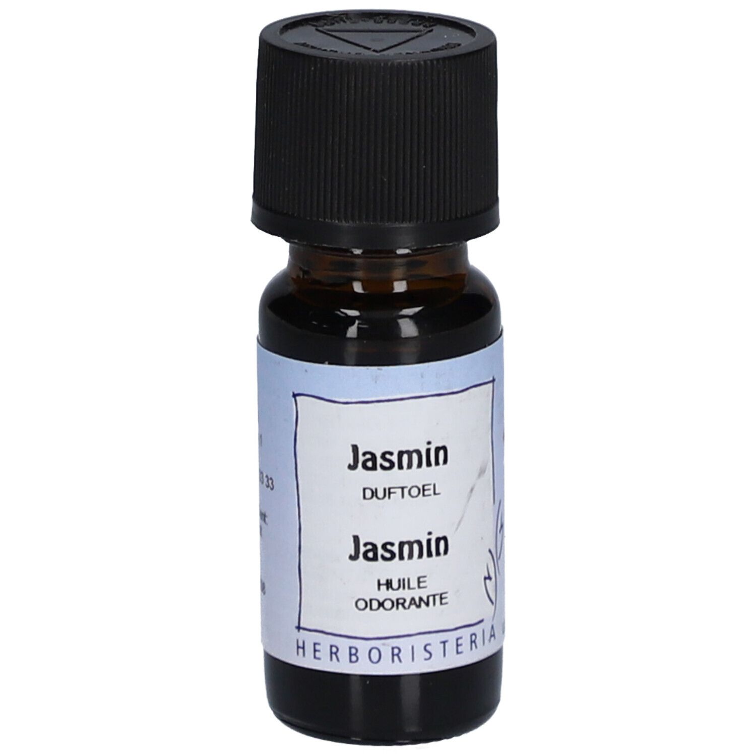 Flacon en verre brun avec bouchon noir. Étiquette "Jasmin Duftöl" et "Huile odorante". Marque: HERBORISTERIA.