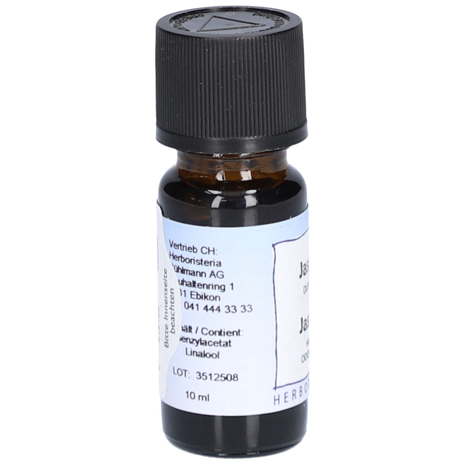 Flacon en verre brun avec bouchon noir. Étiquette avec informations et "10 ml". Marque: HERBORISTERIA.