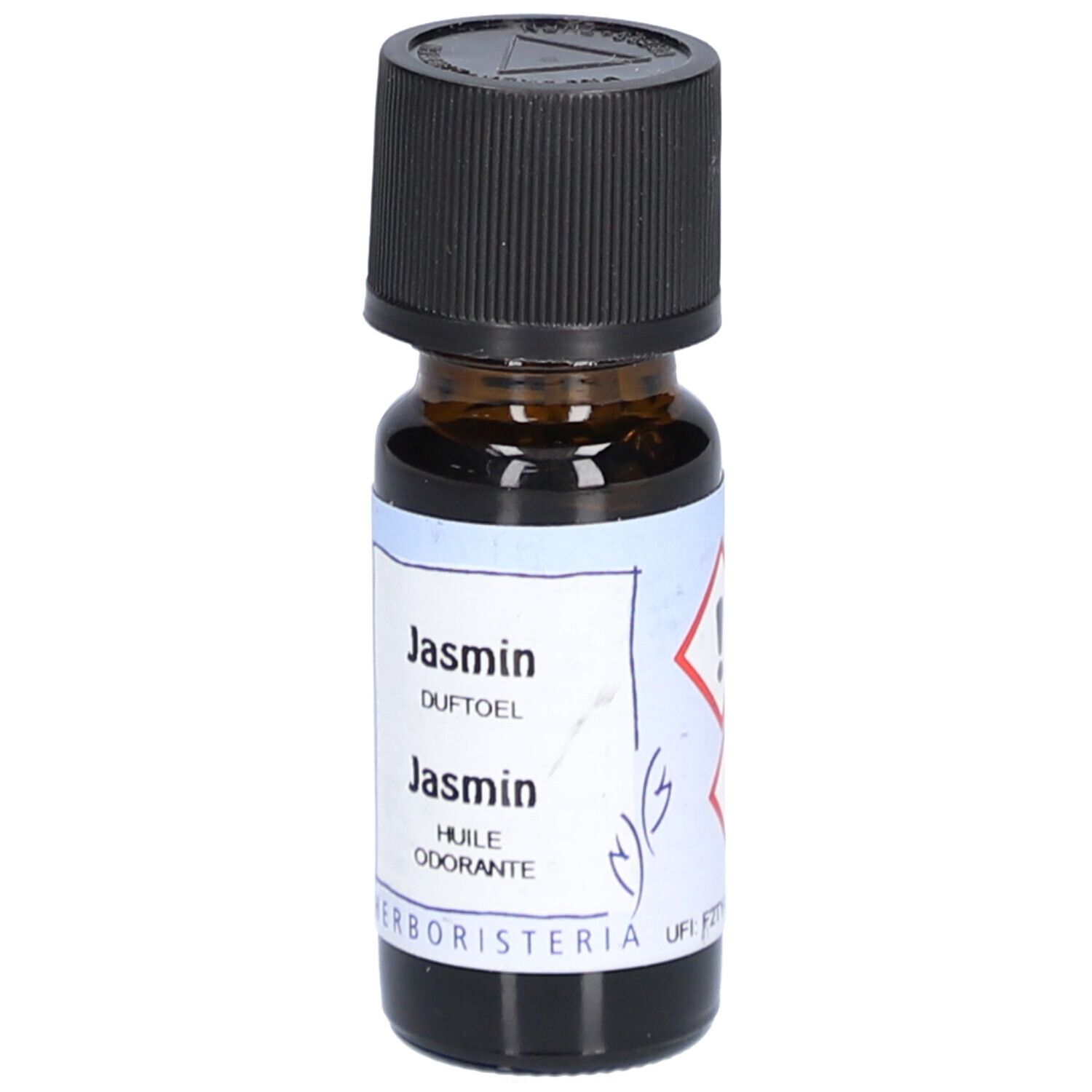 Flacon en verre brun avec bouchon noir. Étiquette "Jasmin Duftöl" et "Huile odorante". Marque: HERBORISTERIA.