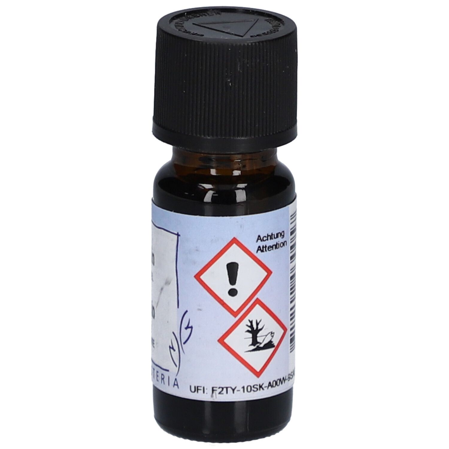 Flacon en verre brun avec bouchon noir. Étiquette avec symboles de danger. Marque: HERBORISTERIA.