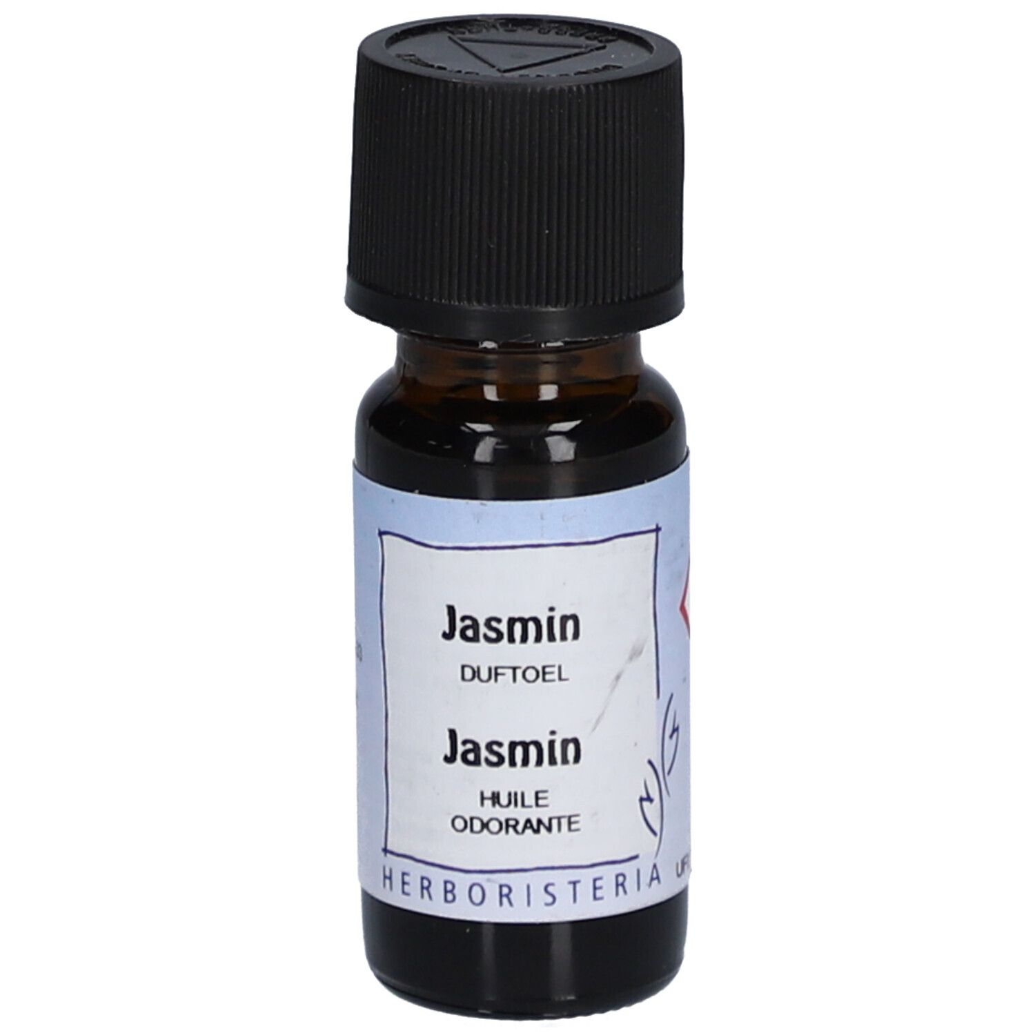 Flacon en verre brun avec bouchon noir. Étiquette "Jasmin Duftöl" et "Huile odorante". Marque: HERBORISTERIA.