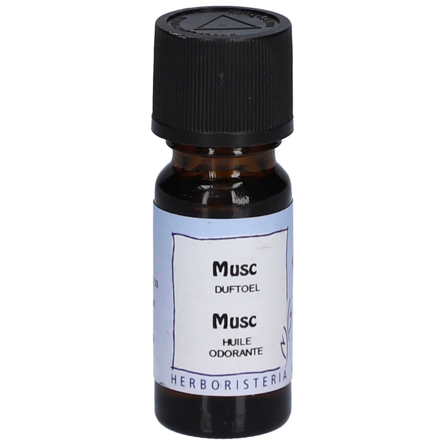 Bruine glazen fles met zwarte dop. Etiket met "Musc" en "HERBORISTERIA".