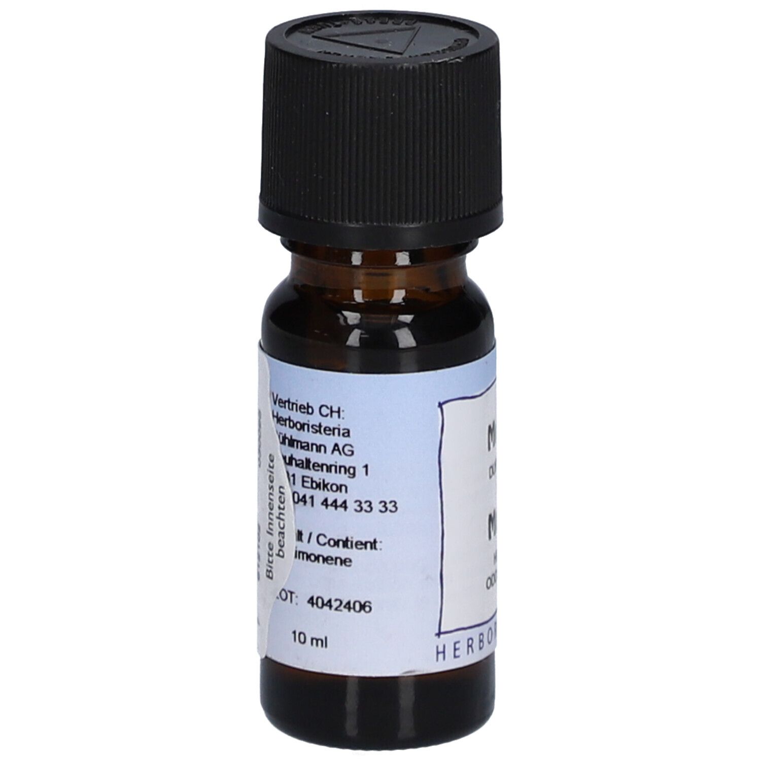 Bruine glazen fles met zwarte dop. Etiket met informatie en "10 ml".