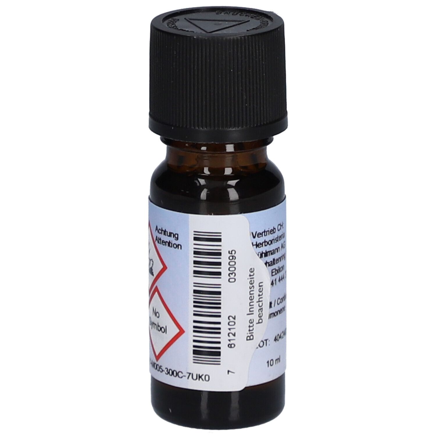 Bruine glazen fles met zwarte dop. Etiket met waarschuwingssymbolen en barcode.