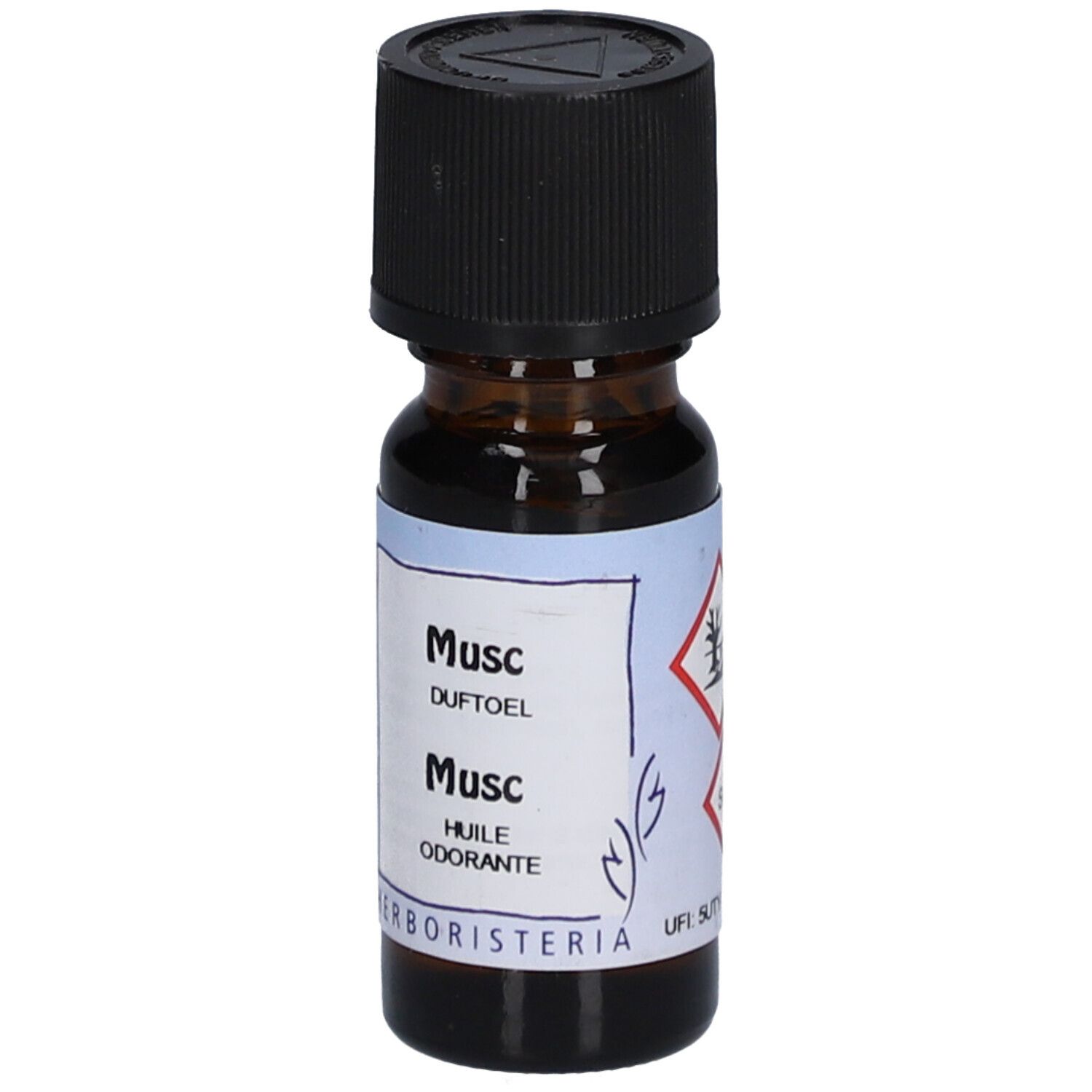Bruine glazen fles met zwarte dop. Etiket met "Musc", "HERBORISTERIA" en gevaarsymbolen.