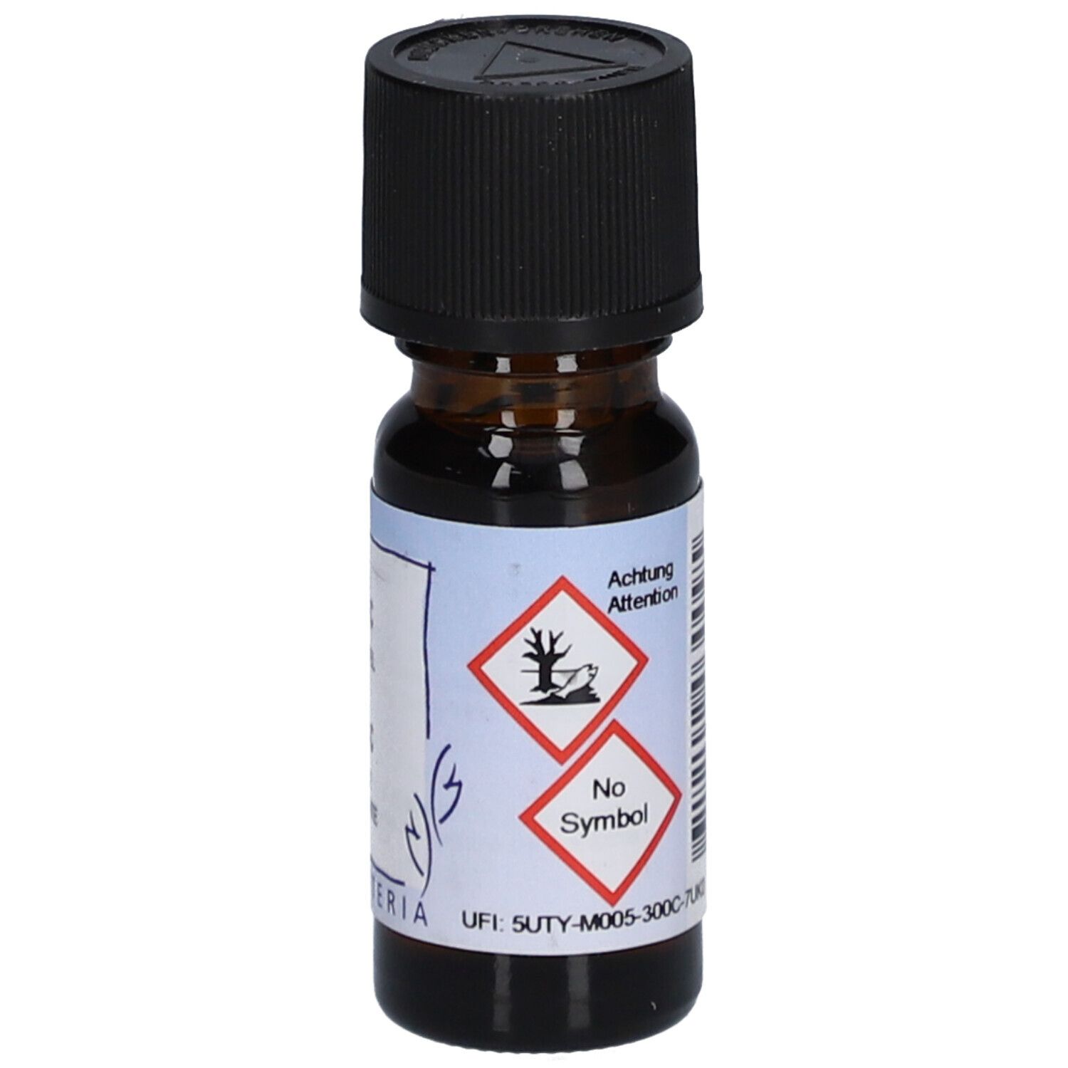 Bruine glazen fles met zwarte dop. Etiket met waarschuwingssymbolen en "HERBORISTERIA".