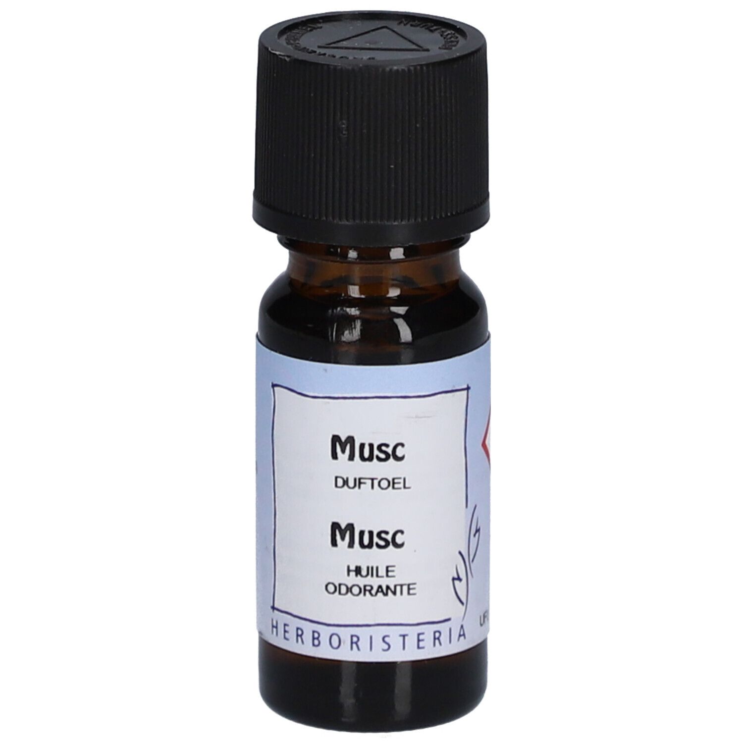 Bruine glazen fles met zwarte dop. Etiket met "Musc" en "HERBORISTERIA".